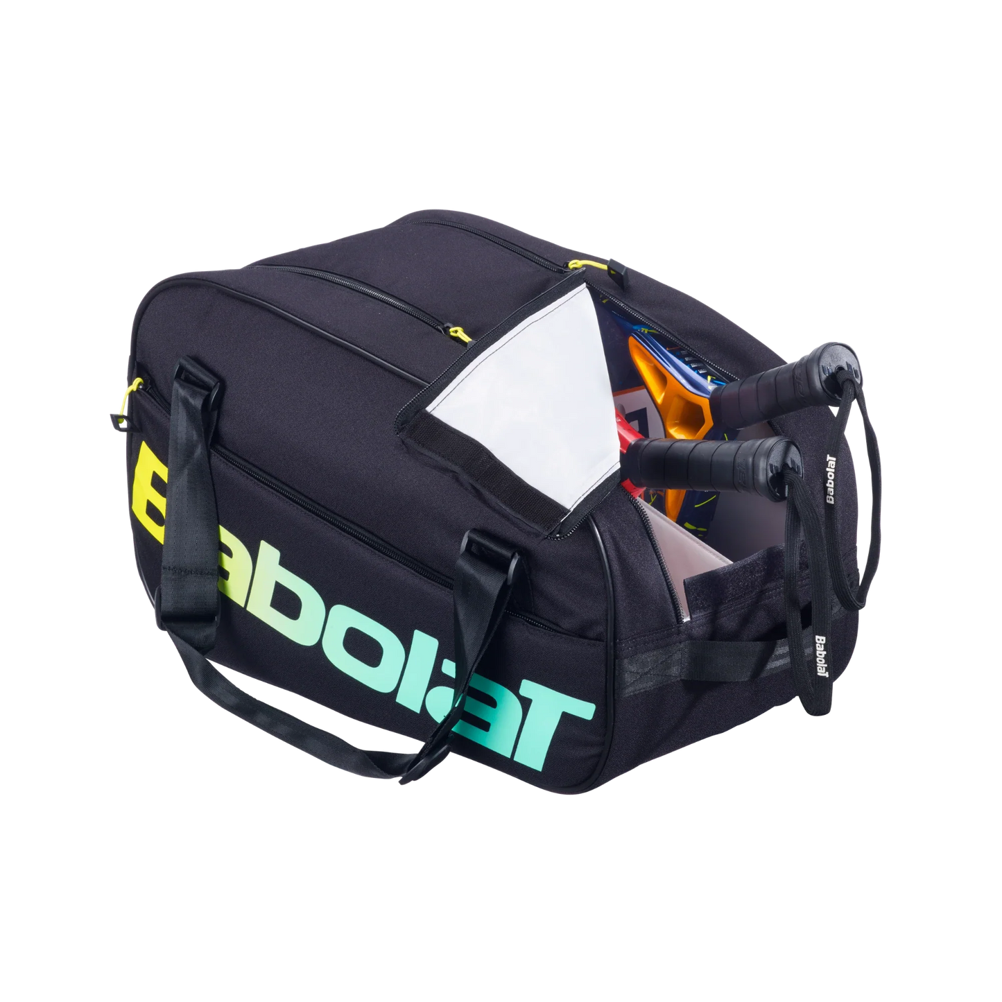 The Babolat COURT S Padel Bag by Padel USA, made from recycled materials, features teal and yellow branding, a transparent top pocket, and sturdy construction. Shown open on a white background with two rackets and gear inside.