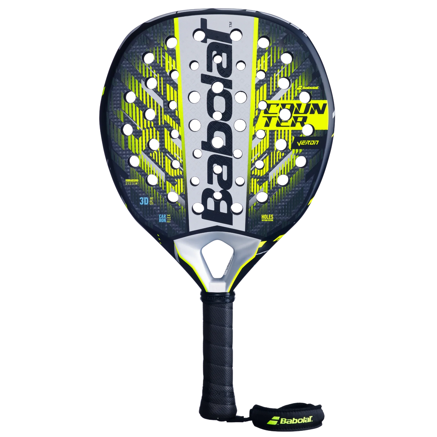 The Babolat Counter Veron 2.5 by Padel USA is a black and yellow padel racket featuring a textured carbon-fiberglass surface, round holes, white "Babolat" branding, modern accents, "Viper" text on the side, and a wrist strap.