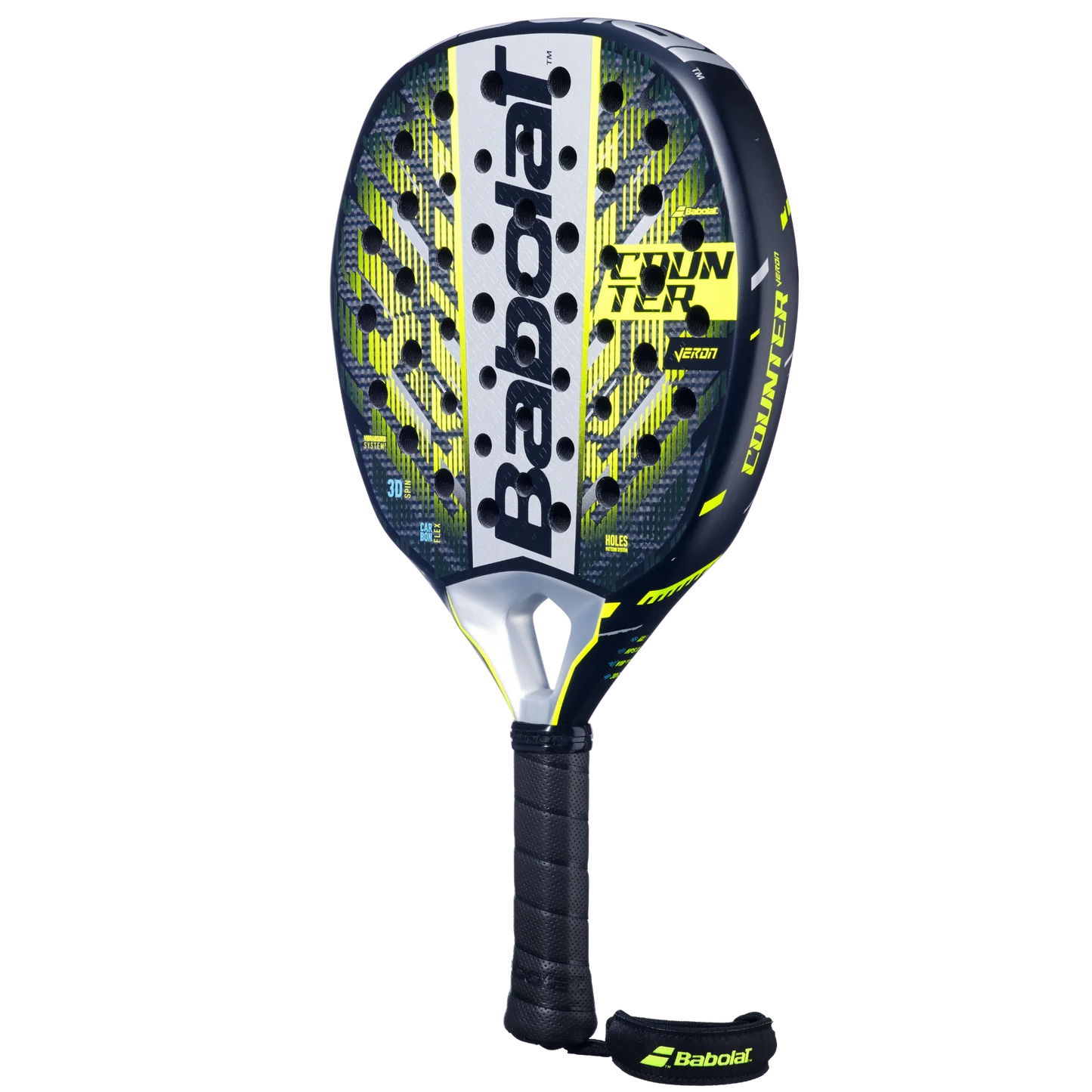 The Babolat Counter Veron 2.5 by Padel USA is a black, yellow, and gray padel racket featuring a carbon-fiberglass blend face, thick frame, textured surface, black grip with wrist strap, plus "COUNTER" and "VERTUO" on the head.