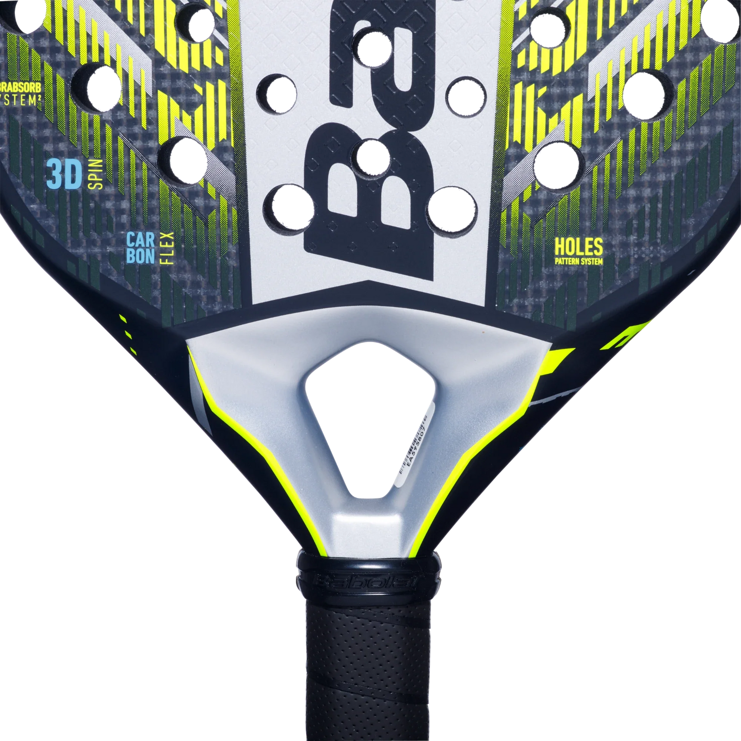 Close-up of the Padel USA Babolat Counter Veron 2.5, a modern defensive padel racket with a carbon-fiberglass blend, geometric pattern, 3D Spin and Carbon Flex details, surface holes, and a bold “B” logo above the black grip.