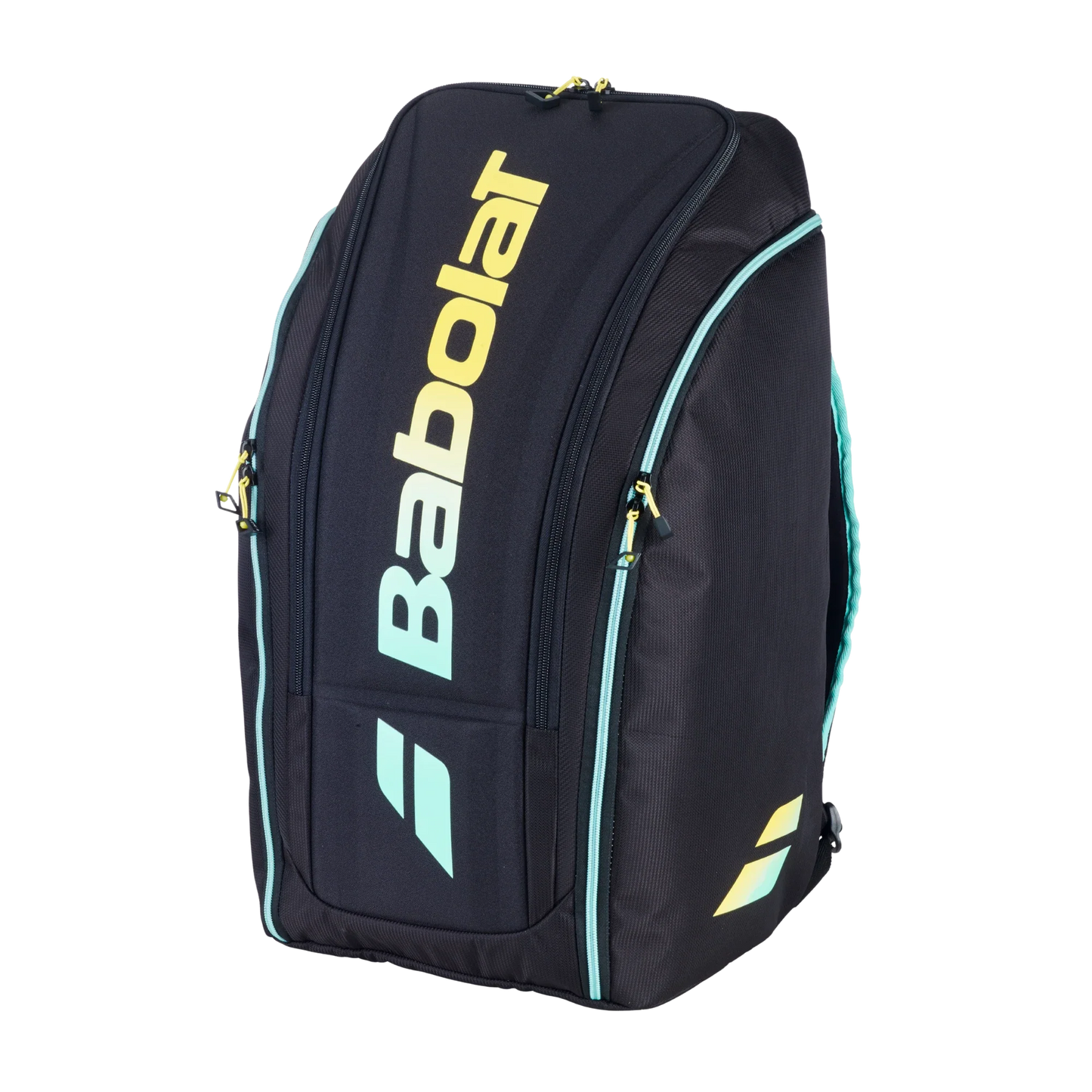 The Babolat RH PERF PADEL 2nd Gen padel bag by Padel USA features a black design with light blue trim, yellow accents, and a bold yellow logo. Multiple zippered compartments provide easy access and racket protection for players on the go.