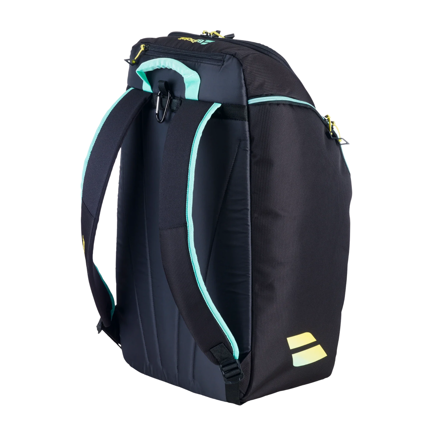The Babolat RH PERF PADEL 2nd Gen by Padel USA is a black padel bag with padded straps, light blue-green trim, yellow zipper pulls and stripes, a top handle, and cushioned back for comfort. Designed to protect your racket in style.
