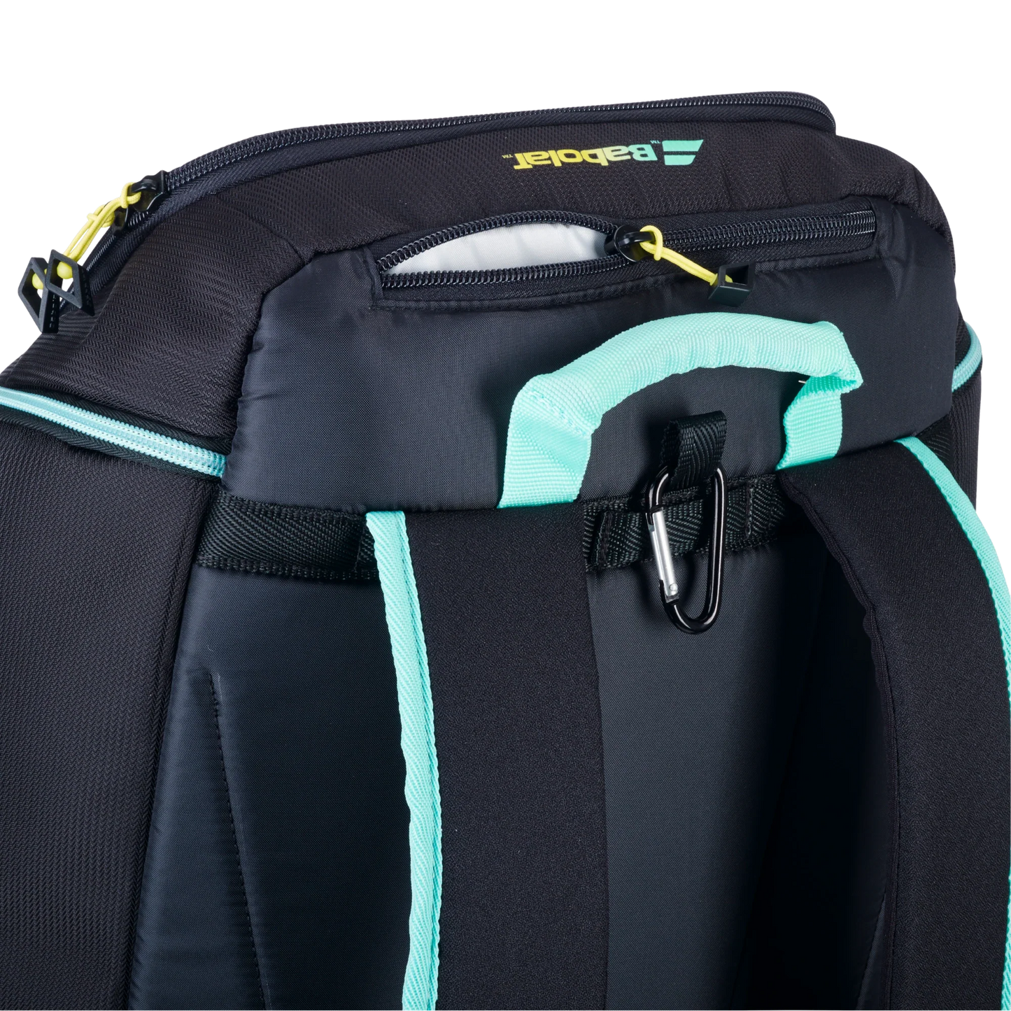 Close-up of the Babolat RH PERF PADEL 2nd Gen by Padel USA, showing padded teal and black straps, teal handle, black carabiner, zippered pocket with yellow pull, and Babolat logo—designed for optimal racket protection.