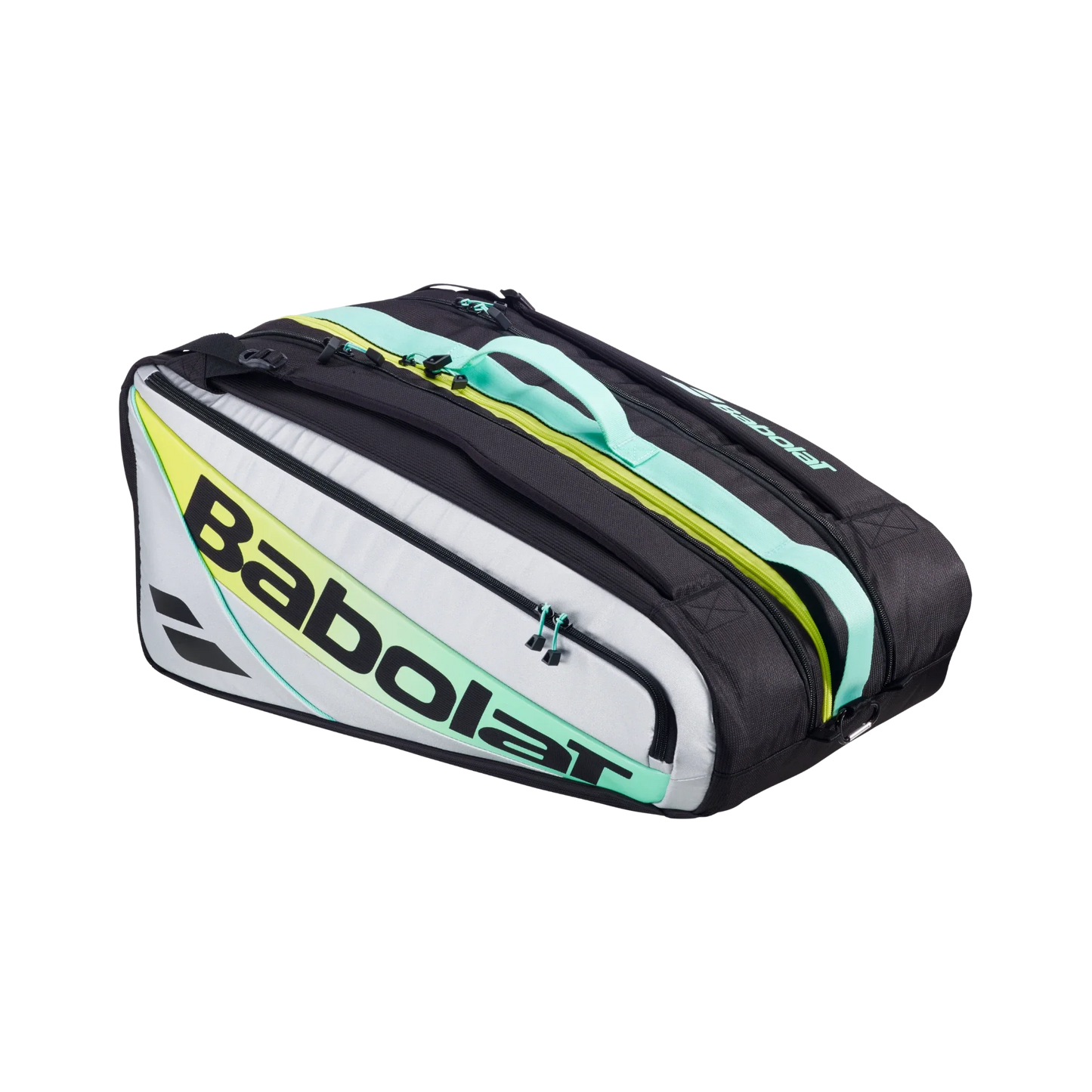 The Babolat RH PRO Padel Bag from Padel USA comes in black, white, and mint green with yellow accents. It offers bold branding, multiple zippered compartments, and dual grab handles—perfect for expert players’ gear.