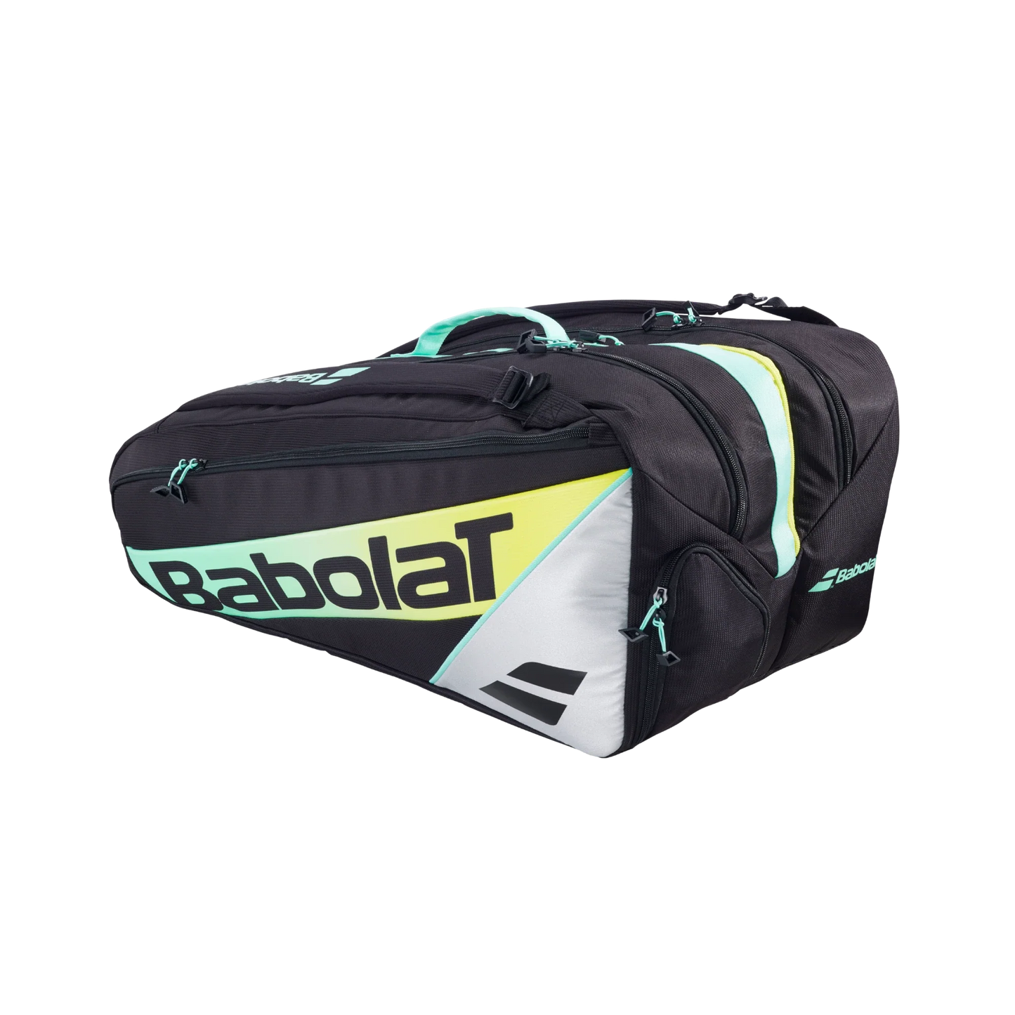 The Babolat RH PRO Padel Bag from Padel USA has black, white, and light teal geometric accents, multiple zippered compartments, handles, and the Babolat logo—ideal for expert players—shown on a plain white background.