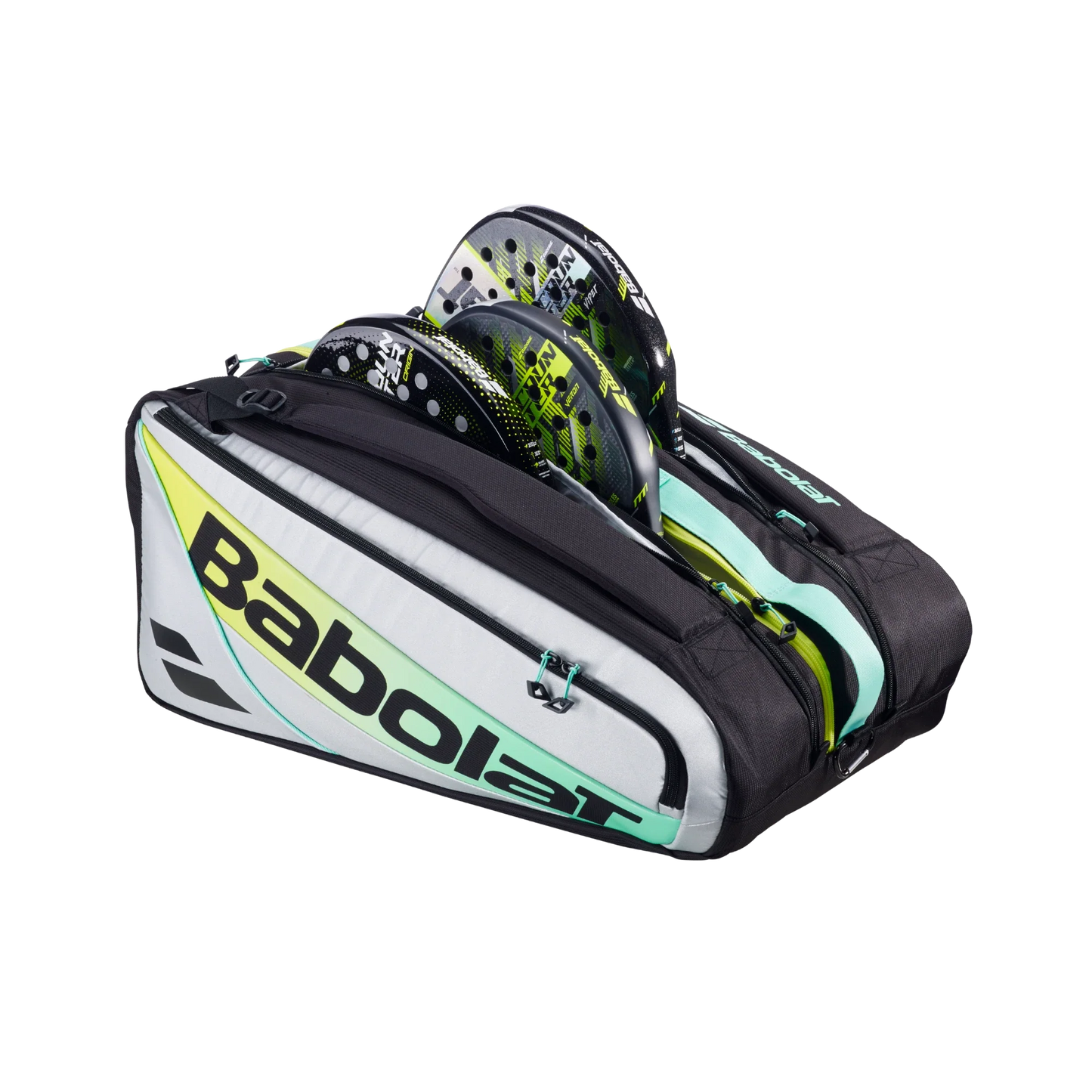 The Babolat RH PRO Padel Bag by Padel USA is a large black, white, and neon yellow bag with teal accents, two zippered compartments for rackets, and bold branding—perfect for expert padel players.