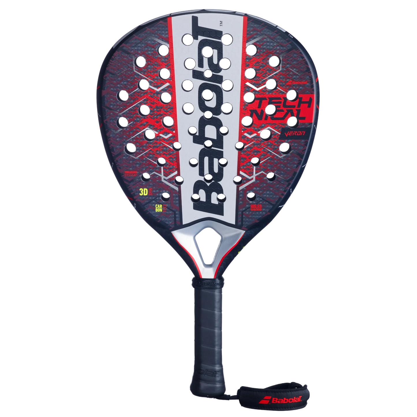 The Babolat Technical Veron 2.5 from Padel USA is a teardrop padel racket with a black grip, wrist strap, striking white and red face, large Babolat logo, and “Tech” and “VERTUO,” delivering dynamic power with every shot.