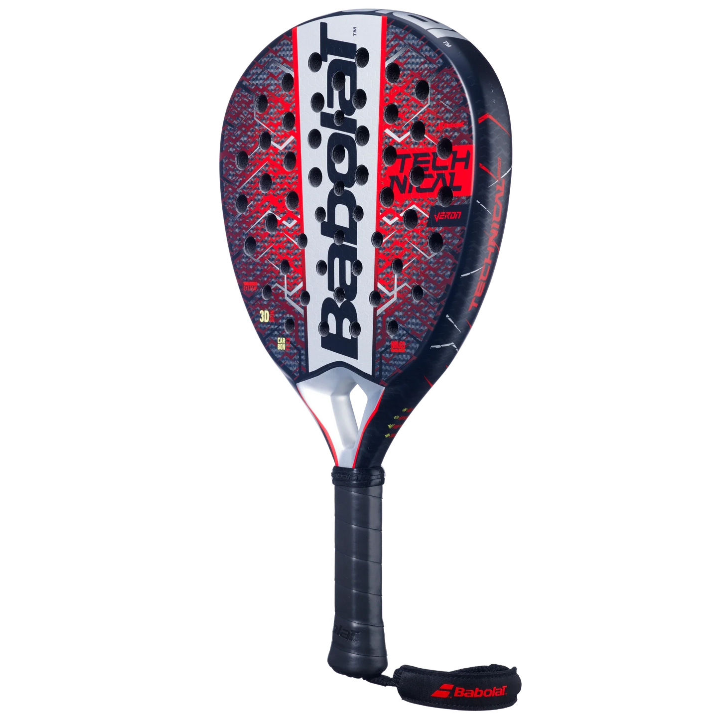 The Babolat Technical Veron 2.5 by Padel USA features a black grip, red and black patterned face with perforated holes, bold white Babolat logo, “Technical Viper” branding for dynamic power, and a secure wrist strap.