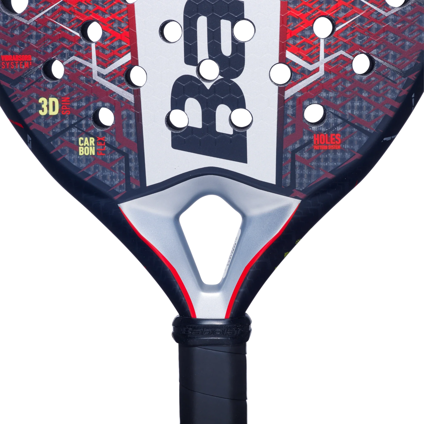Close-up of the Babolat Technical Veron 2.5 padel racket by Padel USA, showing its honeycomb-patterned head, dynamic power design, multiple round holes, black grip, and “3D Spin,” “Carbon,” and “Holes” markings on an ergonomic throat.