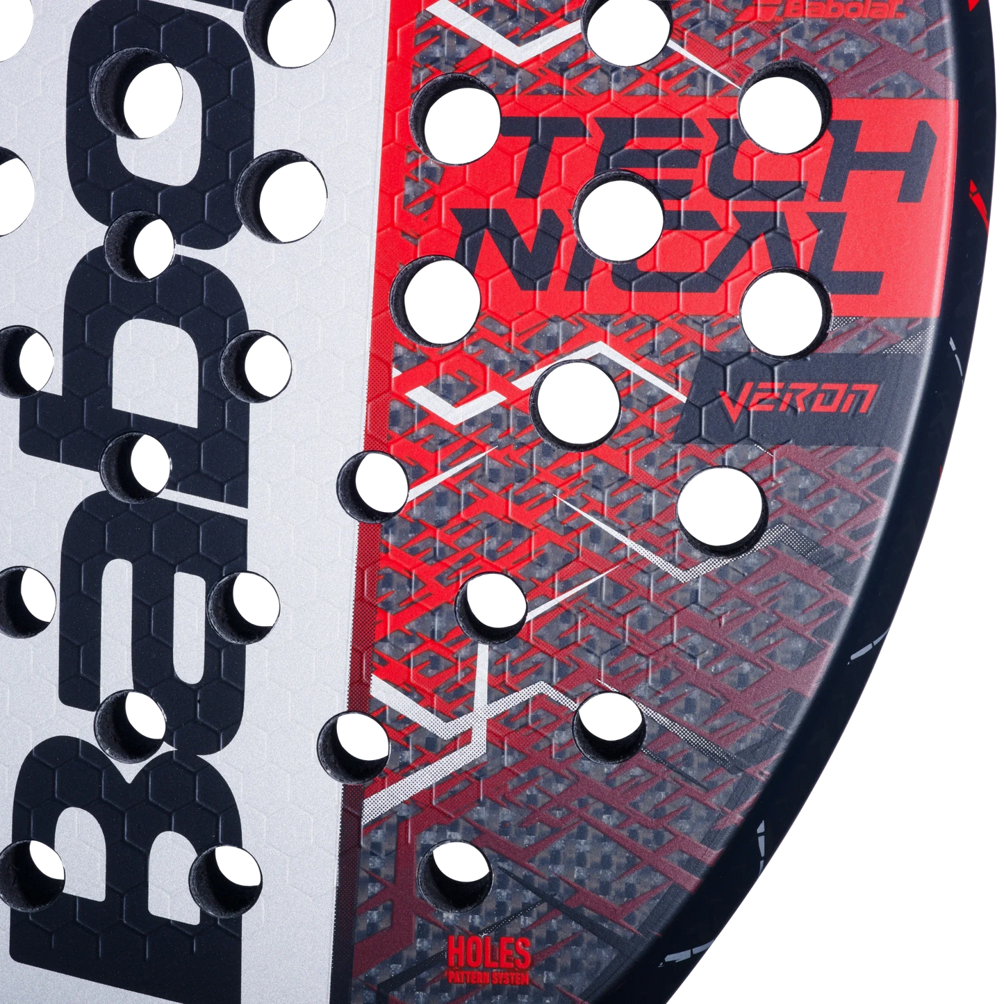 Close-up of the Babolat Technical Veron 2.5 padel racket by Padel USA, showcasing its red and white geometric design, honeycomb texture, multiple round holes, black-edged frame, and bold branding for a dynamic look and powerful performance.