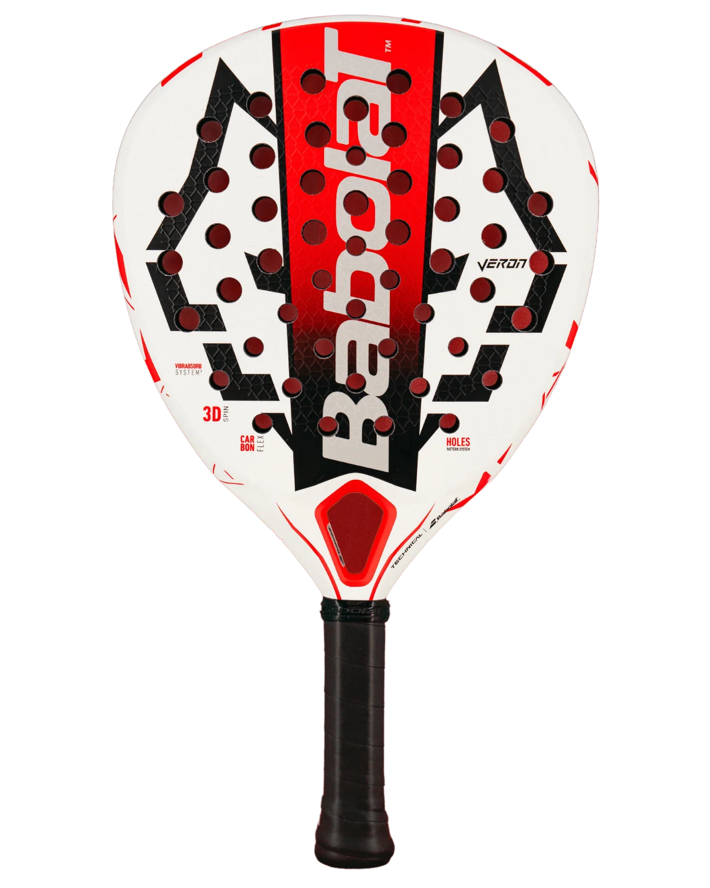 The Babolat Technical Veron Juan Lebron 2.5 from Padel USA is a white padel racket with red and black accents, teardrop shape, round holes, black grip, and features VERTUO and 3D Spin for advanced players.