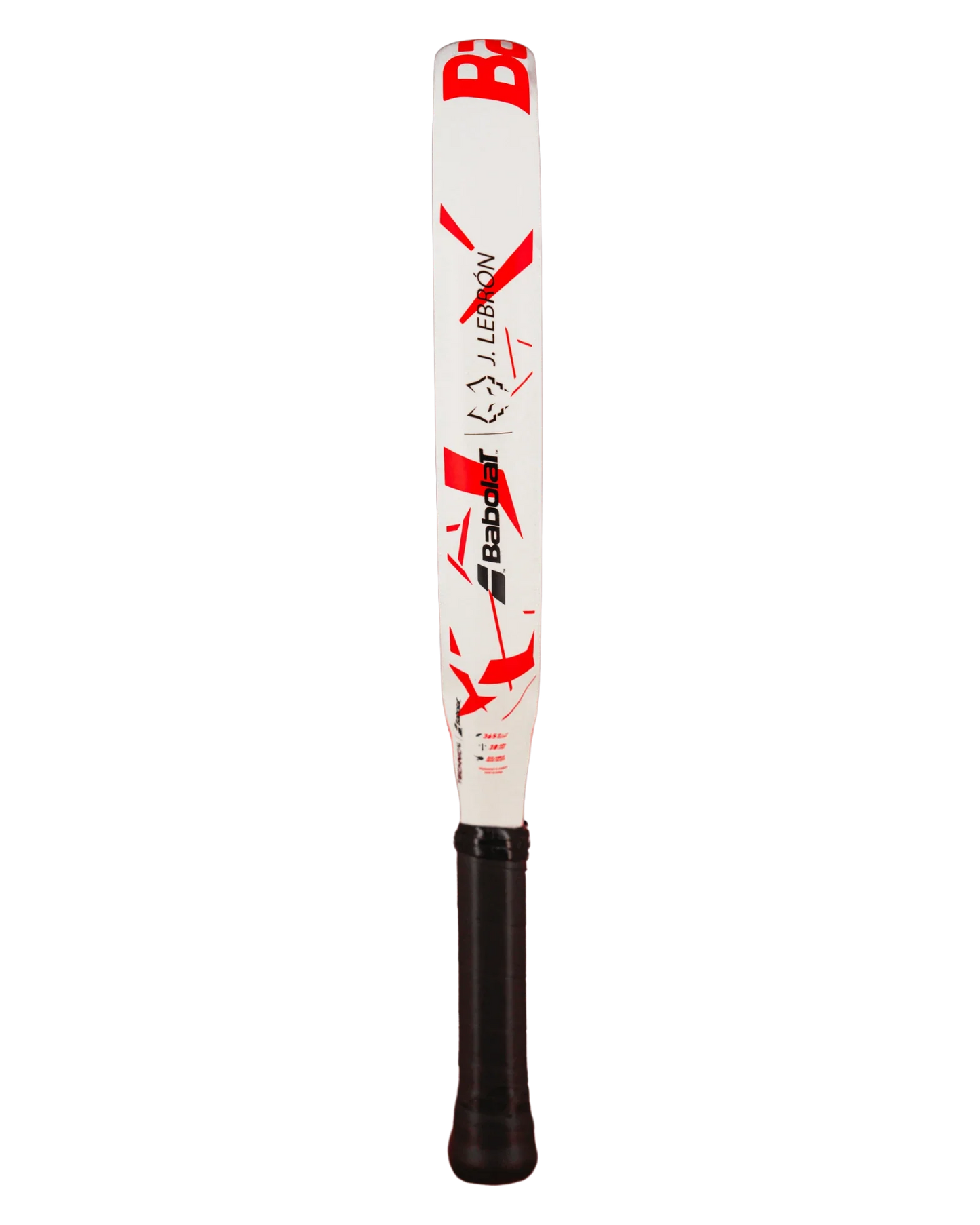 A white Babolat Technical Veron Juan Lebron 2.5 by Padel USA with red and black accents, a black grip handle, and bold graphics—perfect for advanced players. The standout bat is set against a simple, light background.