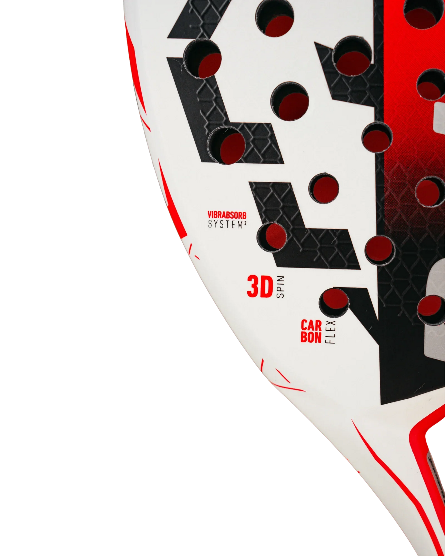 Close-up of the Babolat Technical Veron Juan Lebron 2.5 by Padel USA, made for advanced players, with round perforations, black geometric patterns, and VIBRASORB SYSTEM, 3D SPIN, CARBON FLEX text on the surface.
