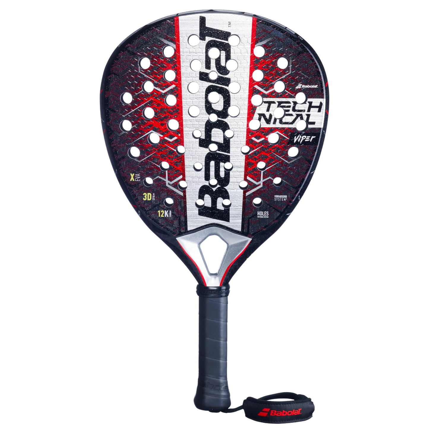 The Babolat Technical Viper 2.5 by Padel USA offers powerful performance for attacking play, with bold white branding, multiple circular holes, a textured face, and a black grip with a Babolat-branded wrist strap in black, red, and white.