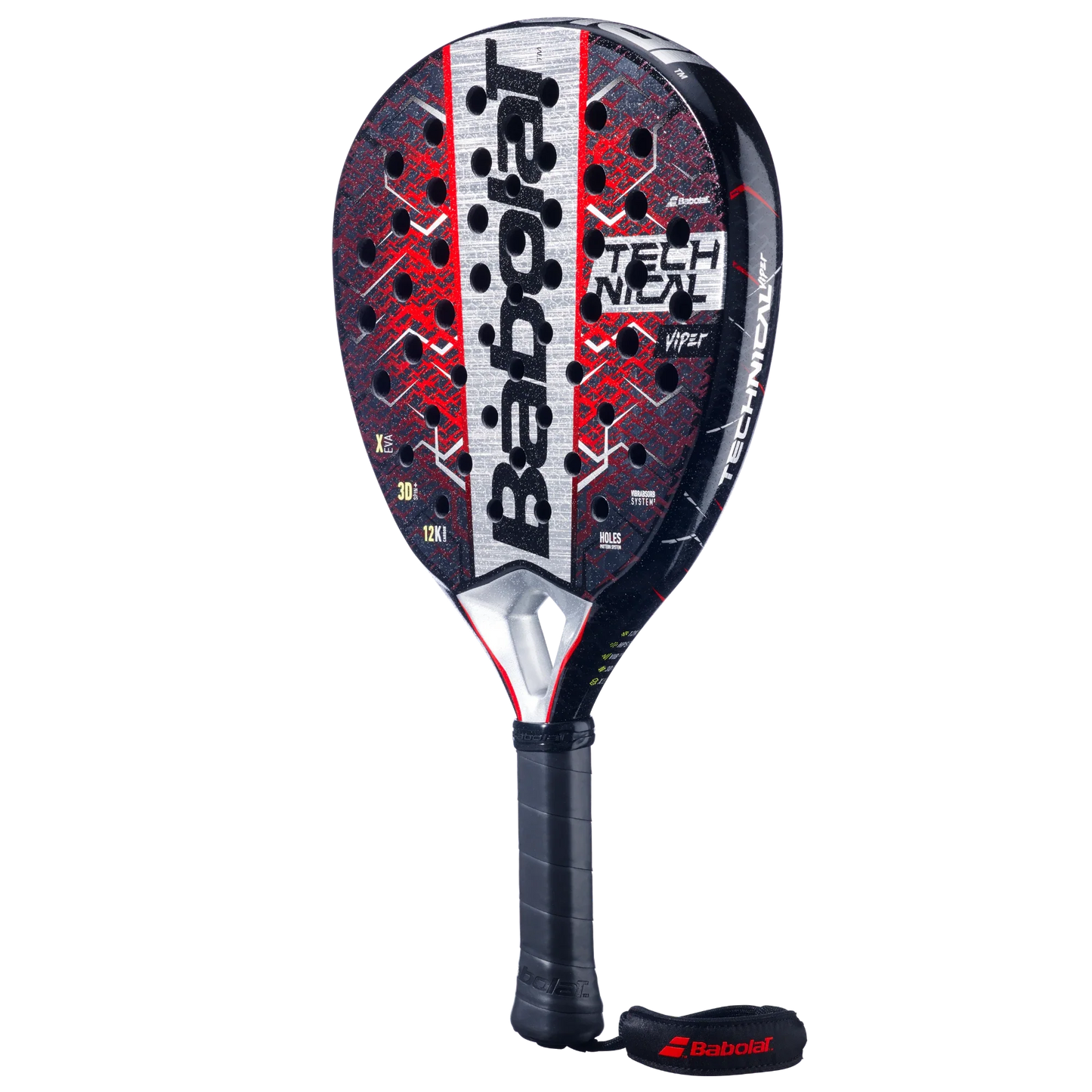 The Babolat Technical Viper 2.5 by Padel USA is a black, red, and silver padel racket with a hexagonal pattern, multiple holes for attacking play, a black grip, bold logo, and branded wrist strap for powerful performance.