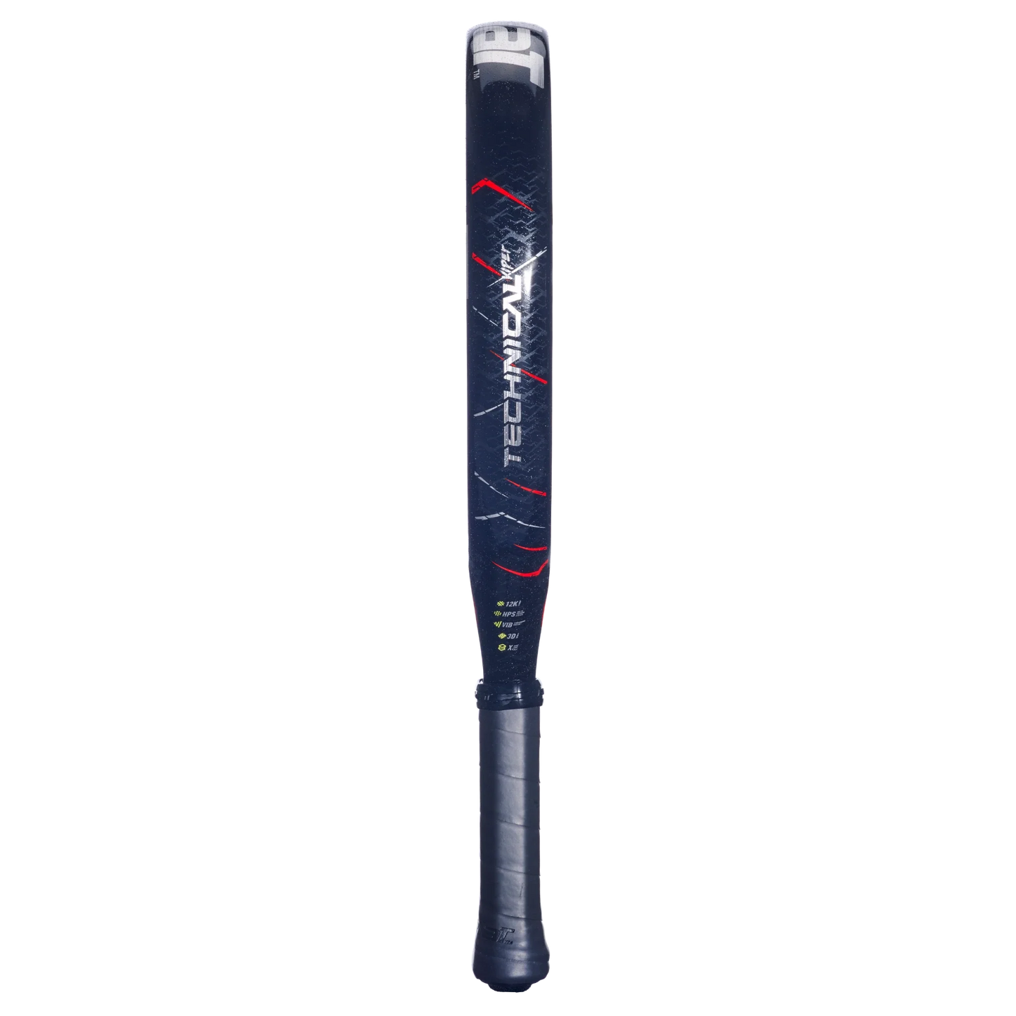 The Babolat Technical Viper 2.5 by Padel USA features a black and dark blue design, textured grip, “TECHNICAL” in white and red on the barrel, and detailed markings, shown upright against a plain white background.