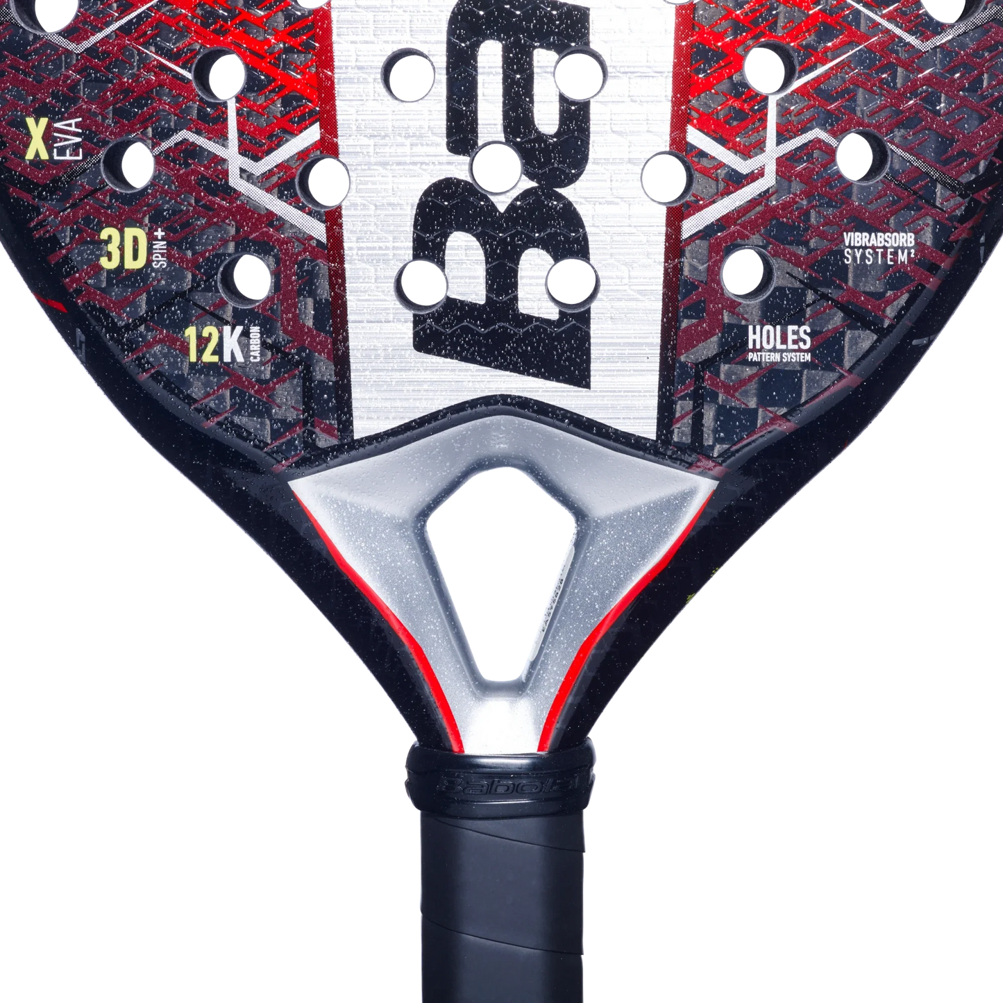 Close-up of the Babolat Technical Viper 2.5 padel racket’s head and throat by Padel USA, featuring a black, red, and white design with round holes and textured patterns—ideal for players seeking powerful attacking performance.