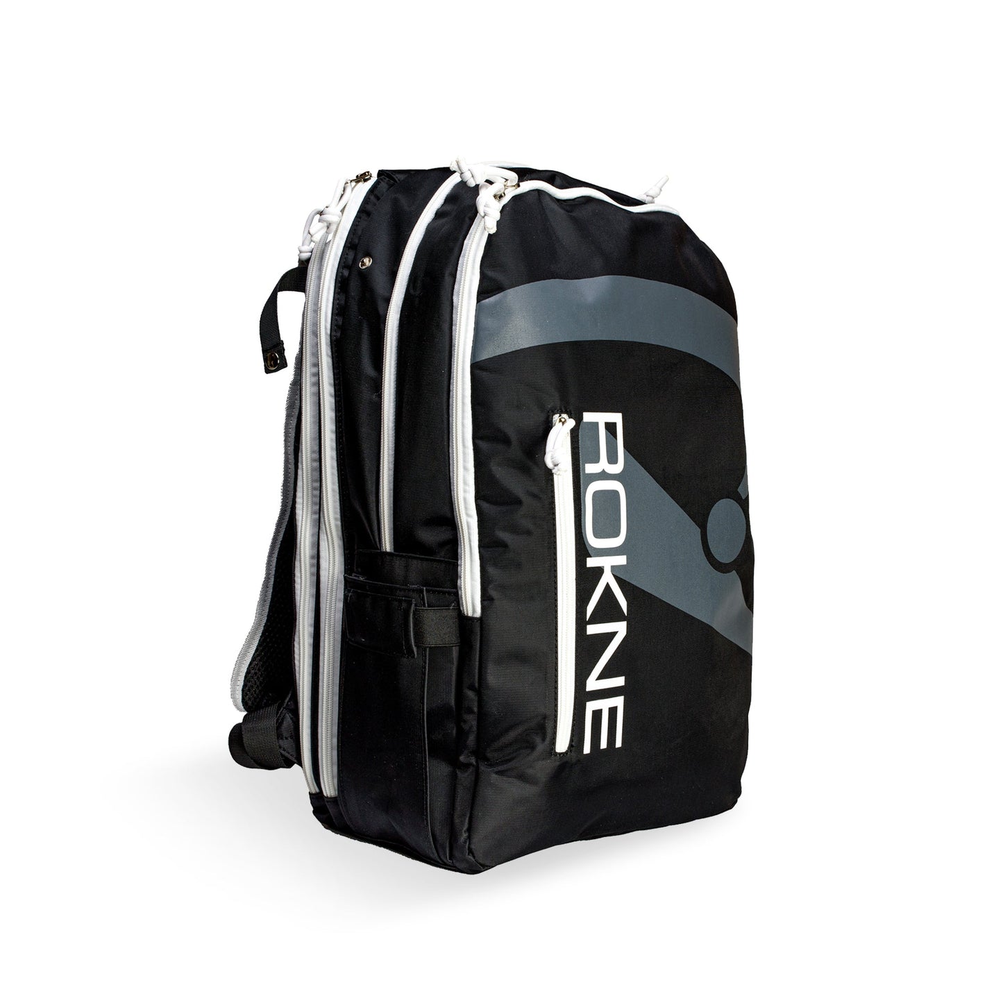 The ROKNE BACKPACK is black with white zippers and a gray curved design, featuring "ROKNE" in bold white vertical letters. It includes a side handle, paddle compartments, and multiple sections for athletic gear or equipment.