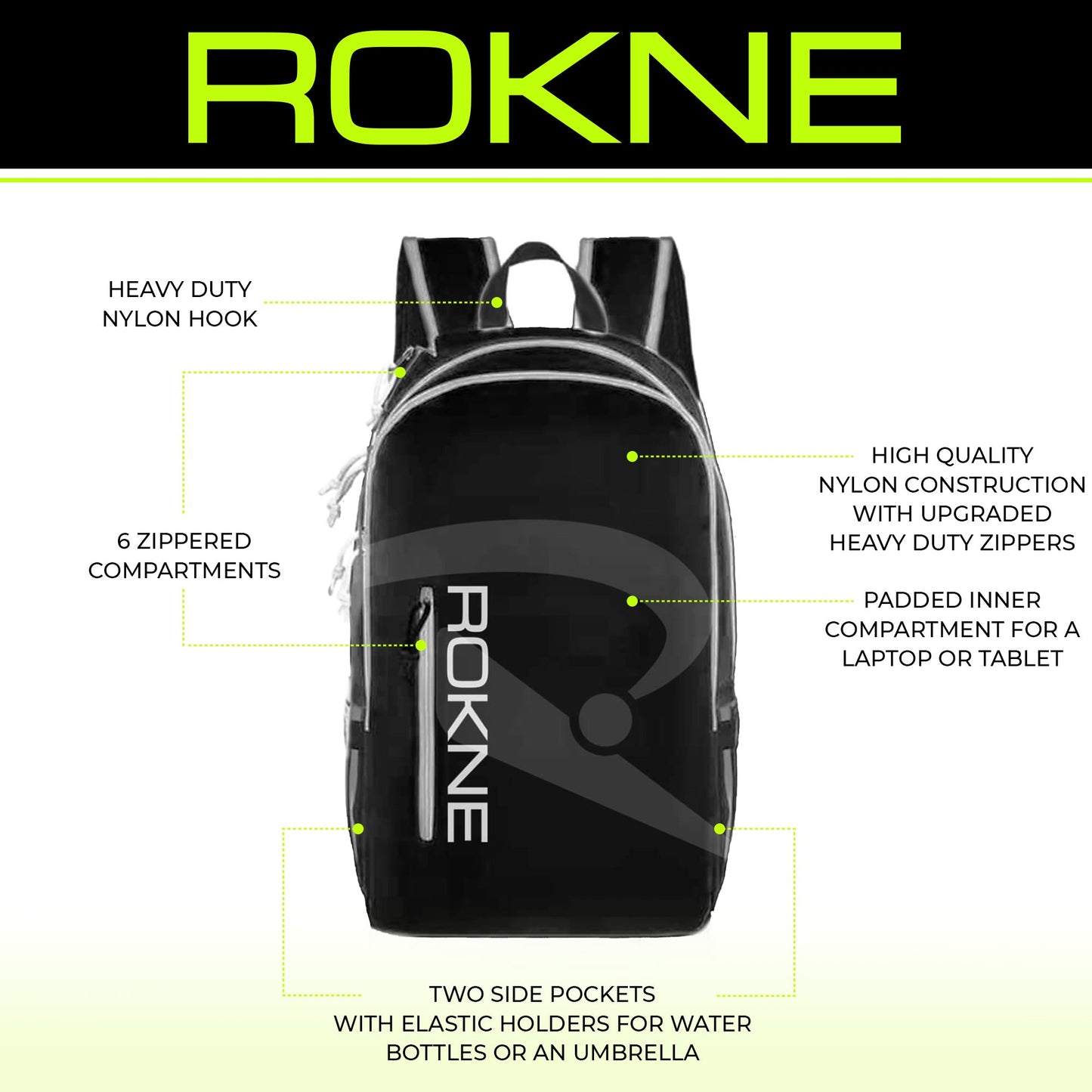 The ROKNE BACKPACK in black with a white logo features heavy-duty nylon hook, 6 zippered compartments including paddle storage, two side pockets, upgraded zippers, and a padded inner compartment for your laptop or tablet.