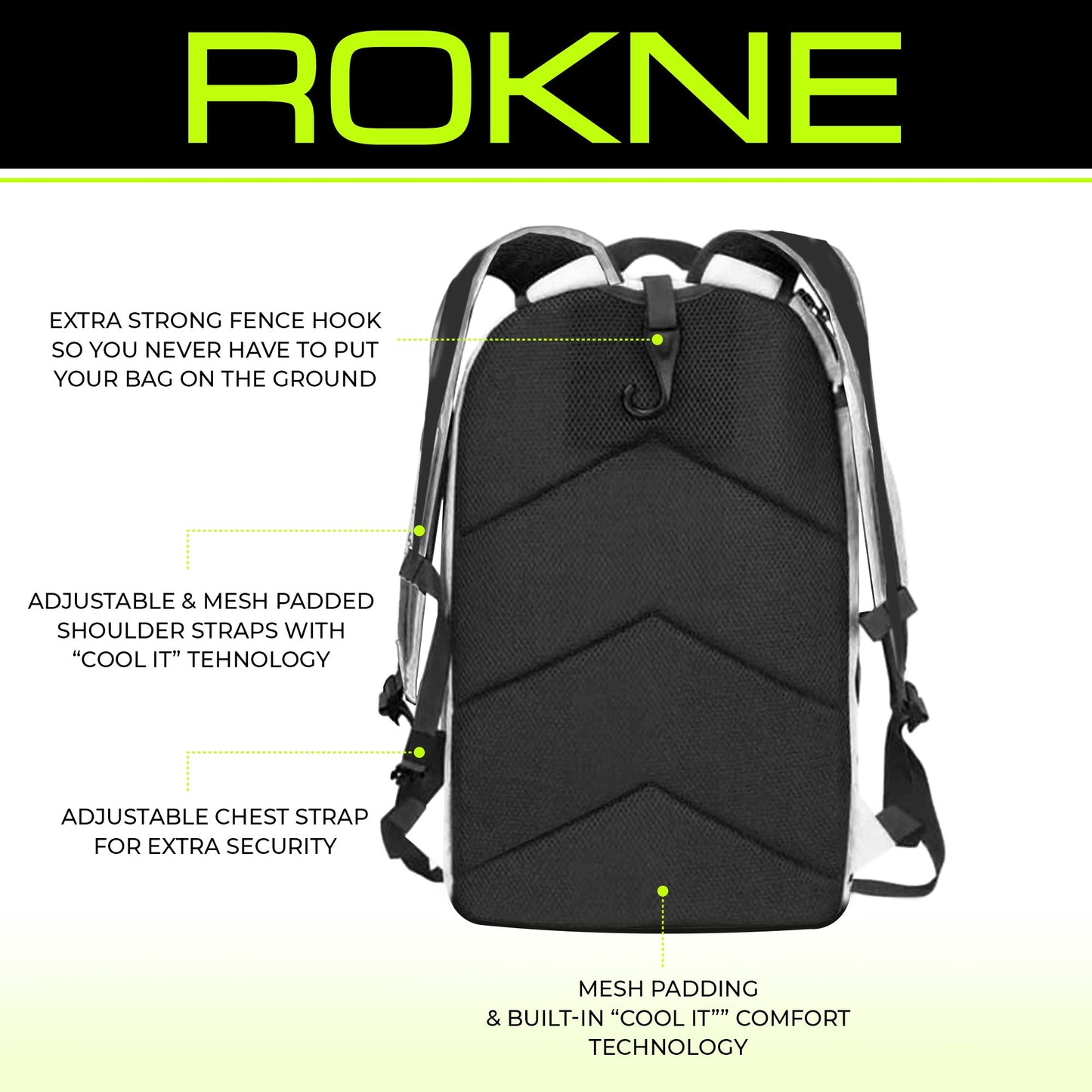 The ROKNE BACKPACK, shown from the back in black, has padded adjustable shoulder straps with a chest strap, strong fence hook, mesh padding, paddle compartments, and Cool It comfort technology for breathable security.