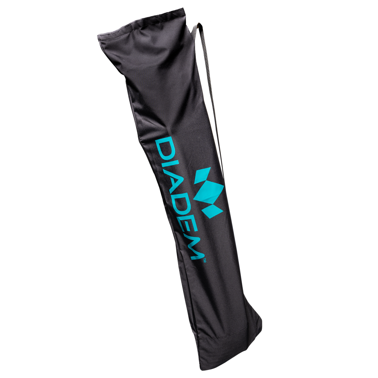 A black cylindrical Ball Cart Accessories bag by Diadem Sports features a drawstring closure, shoulder strap, and “DIADEM” with a blue geometric logo printed vertically—ideal for use as ball cart bags. Photographed on a white background.