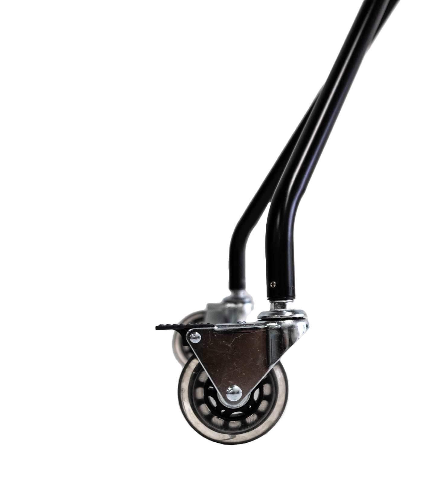 Close-up of two Diadem Sports Ball Cart Accessories replacement wheels attached to black metal legs, with a metal bracket and screws visible. Ideal for upgrading ball cart bags or carry bags; shown against a white background.