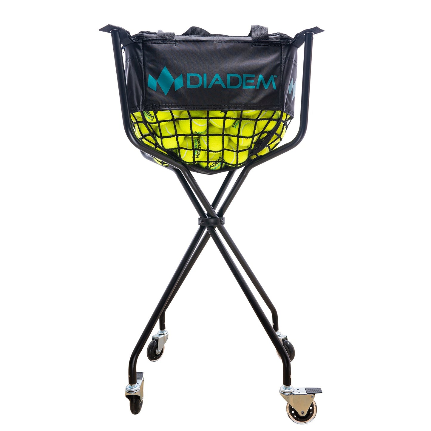 A black Diadem Sports Ball Cart Accessory features a netted basket filled with yellow tennis balls, "DIADEM" in blue letters, and stands on four legs with two replacement wheels for easy mobility.