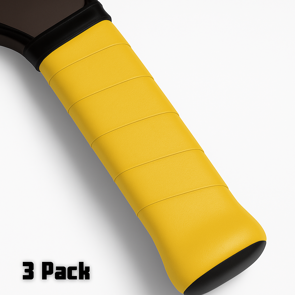 Close-up of a yellow, ultra tacky Hybrid Overgrip handle by Edgy Pickleball with black end accents, textured horizontal grip lines, and "3 Pack" in bold on the lower left, set against a white background.