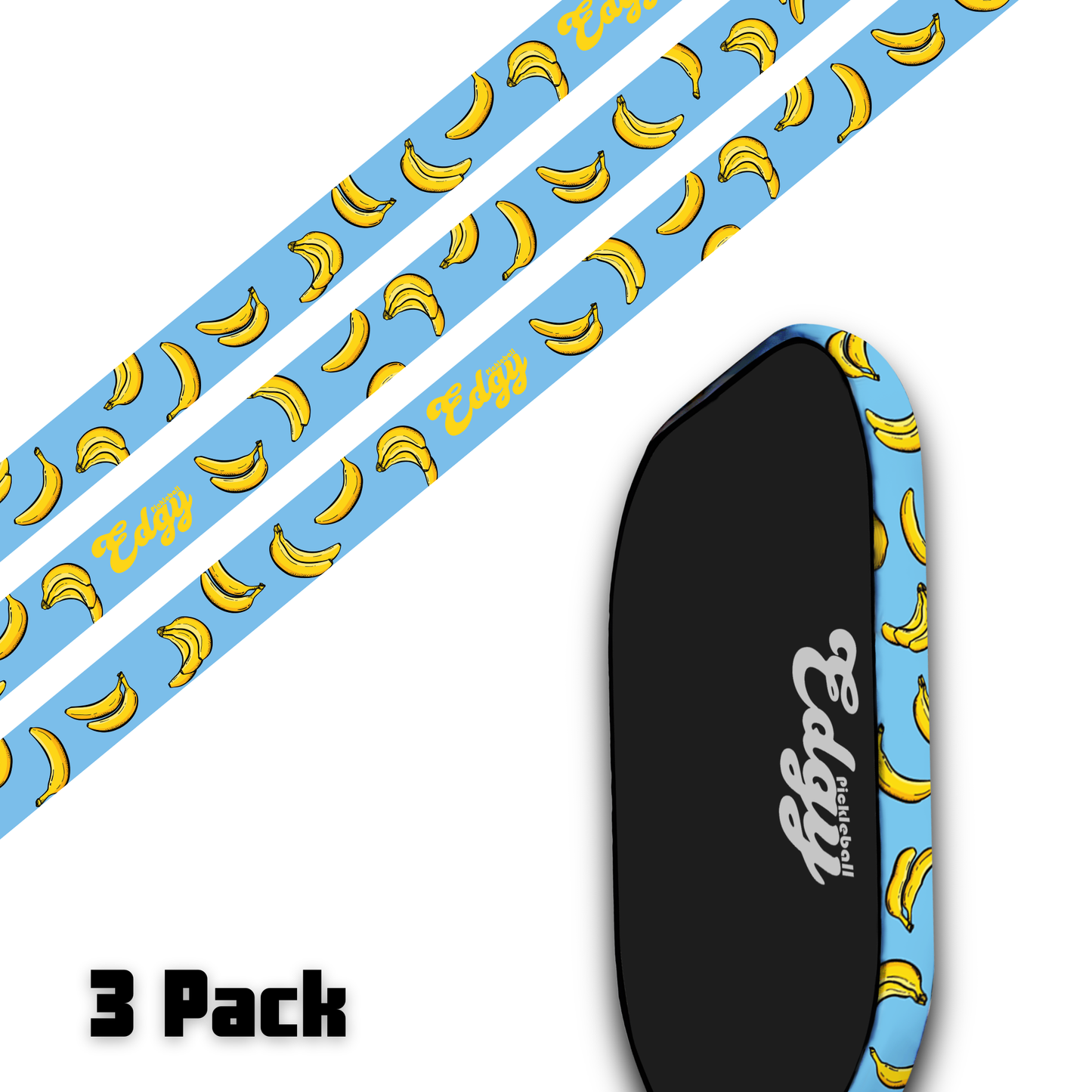 The image shows the Edgy Pickleball Go Bananas Edge Tape (3 pack), featuring a light blue grip with yellow bananas, bold “Edgy” text, and packaged for pickleball paddles. “3 Pack” appears in bold black lettering at the bottom left.