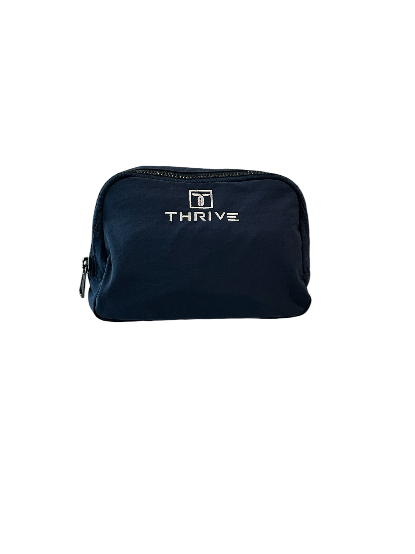 A small, black Belt Bag by Thrive Pickleball sits on a white background. With “THRIVE” and a square logo in white on the front, it features a top zipper and rounded sides—perfect for versatile, organized travel.
