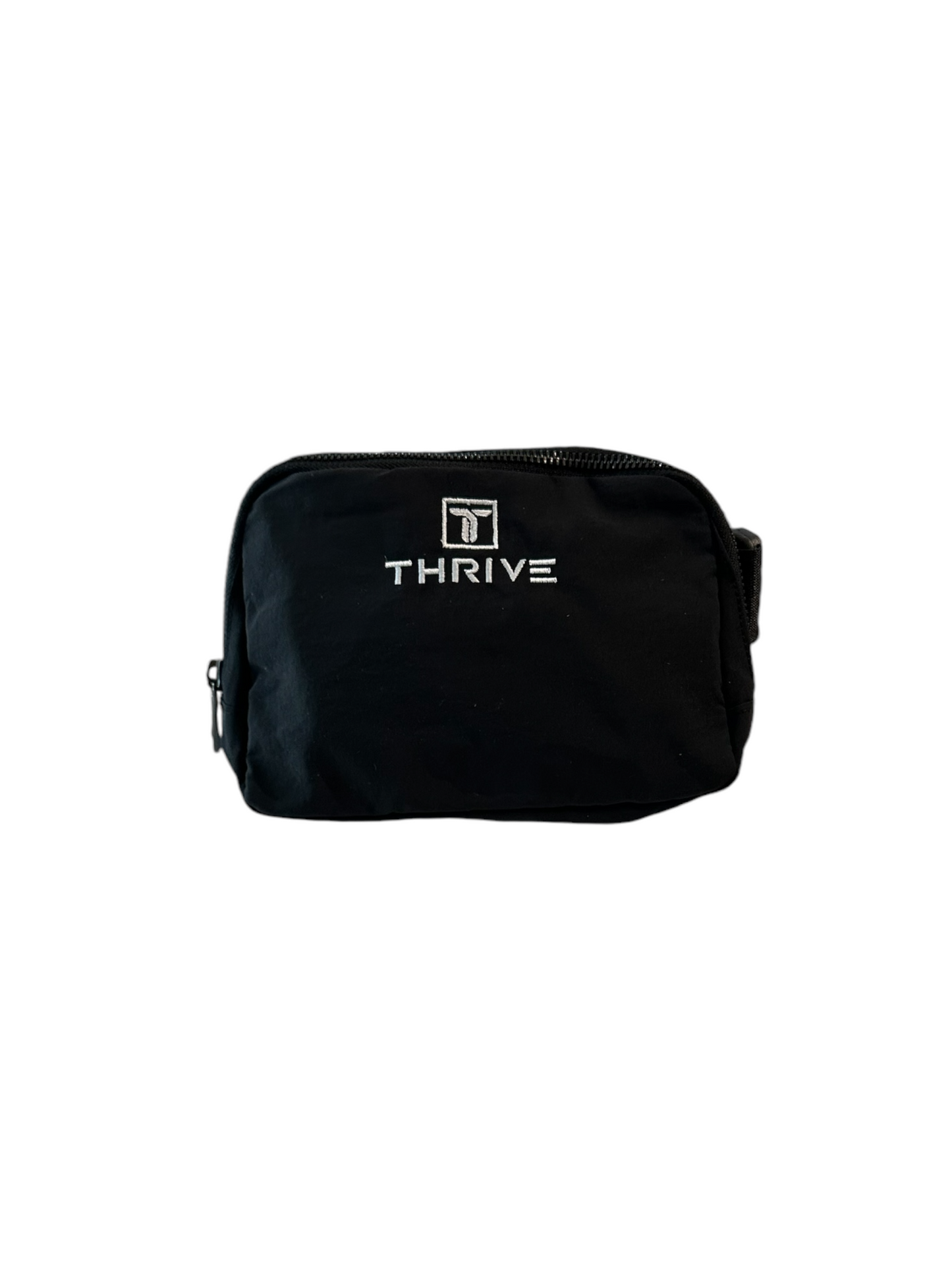 A compact black Belt Bag by Thrive Pickleball with “THRIVE” and a square stylized T logo embroidered in white on the front, displayed against a plain white background—ideal for organized travel.
