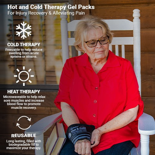 An older woman wearing sunglasses and a red shirt relaxes outdoors in a white rocking chair, using the iReliev Premium Reusable Hot and Cold Therapy Gel Pack with Securement Straps on her left forearm for pain relief.