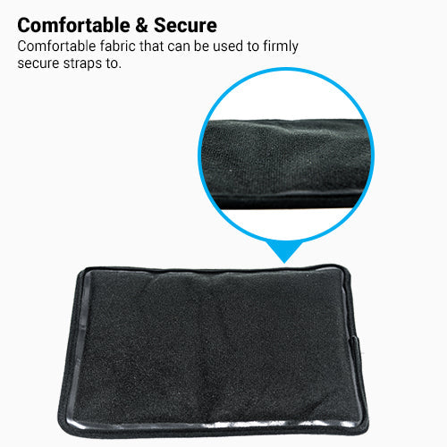A close-up shows the cushioned, black fabric surface of the iReliev Premium Reusable Hot and Cold Therapy Gel Pack with Securement Straps, highlighting its stitched edges and comfortable material, ideal for pain relief and heat therapy.