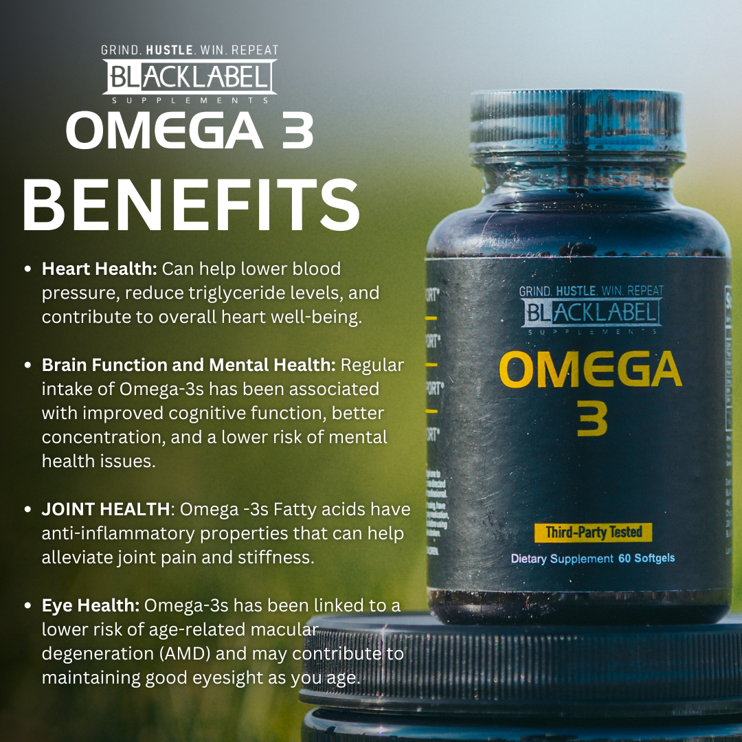 A bottle of BLACKLABEL Supplements OMEGA 3 sits on a table. The label highlights EPA & DHA for heart, brain, joint, and eye health. It also notes third-party testing and contains 60 softgels.