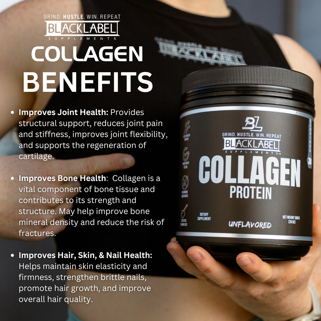 A person in a sleeveless shirt holds a jar of BLACKLABEL Supplements COLLAGEN PROTEIN. White and gold text on a black background highlights benefits such as joint health, bone health, and injury recovery in a clean design.