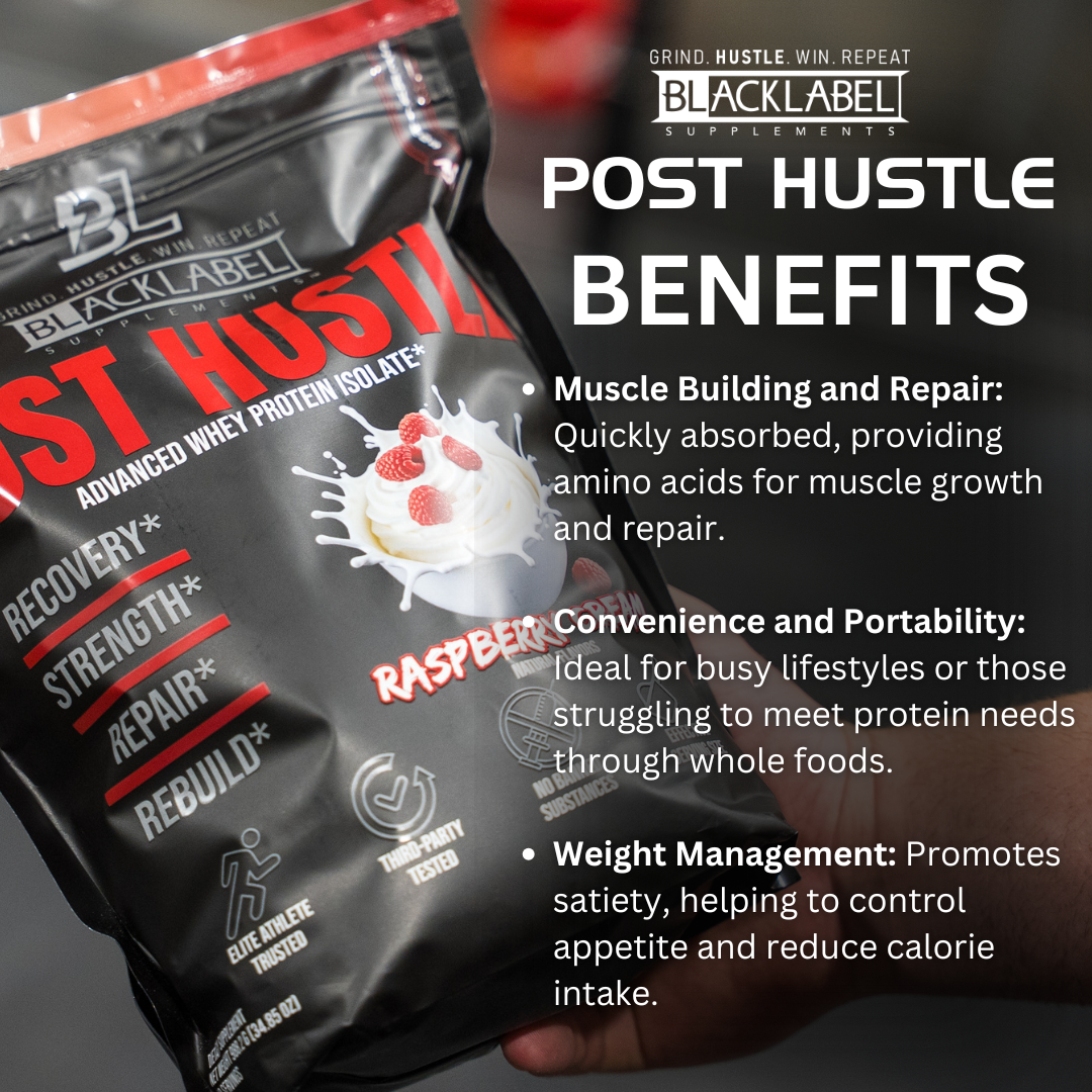 A bag of BLACKLABEL Supplements POST HUSTLE, raspberry flavor, is displayed against a dark background with bold white text highlighting post-workout benefits: muscle recovery, convenience, and weight management.