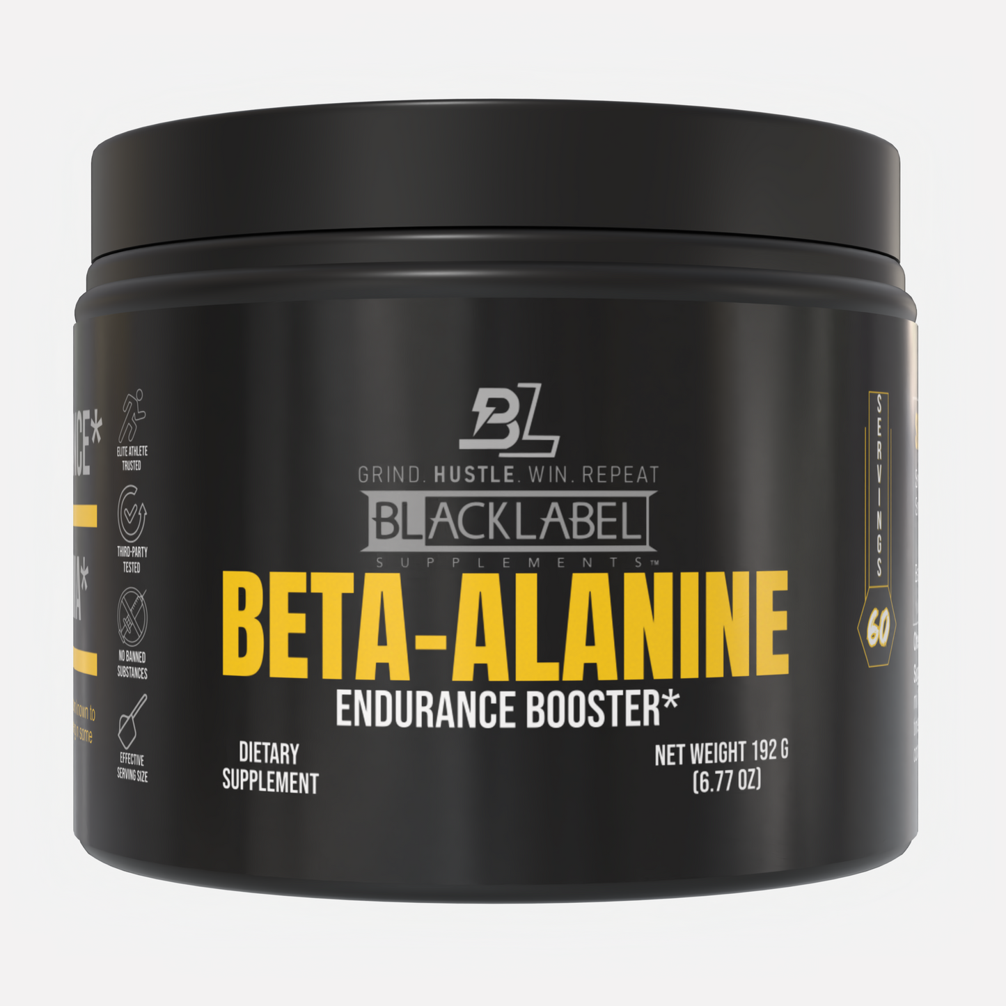 A black container of BLACKLABEL Supplements BETA-ALANINE features "BETA-ALANINE" in large yellow text with "ENDURANCE BOOSTER" below. The 192g (6.77 oz) container provides 60 servings.