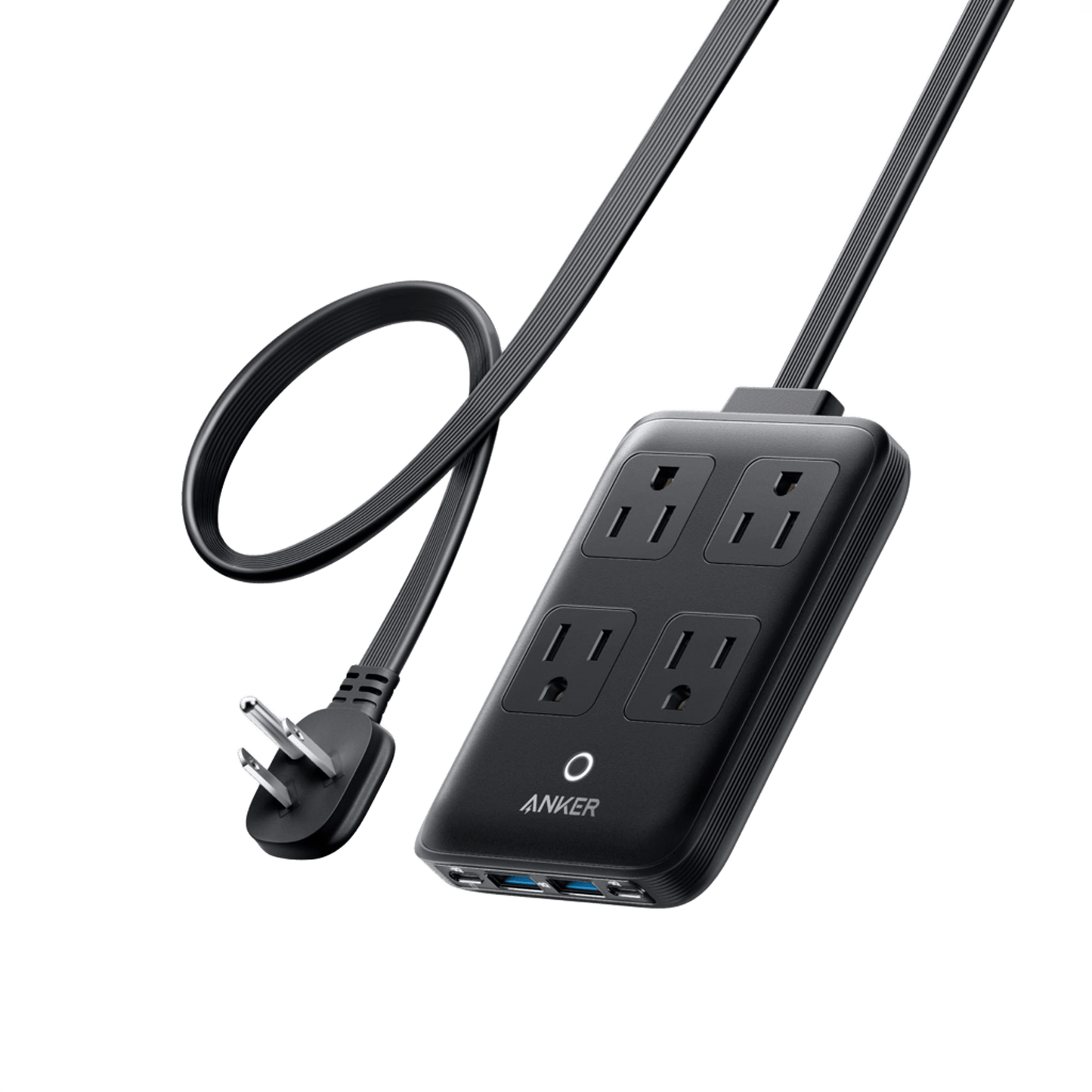 The Anker Charging Station (8-in-1, 20W) is a black Anker power strip featuring four AC outlets, two USB-A ports, one USB-C port, and a flat black three-prong cord. The portable charger is shown on a plain white background.