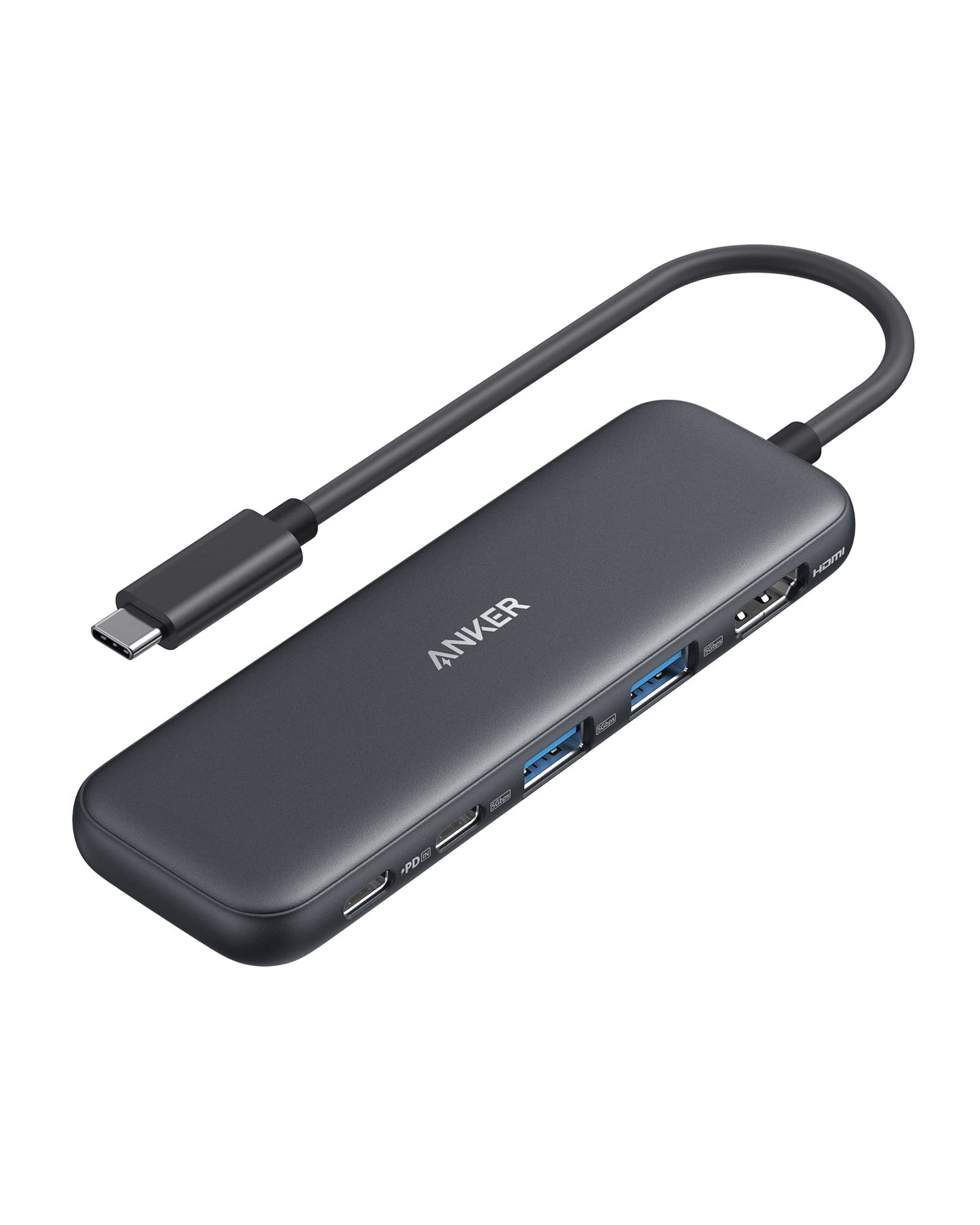 The refurbished Anker 332 USB-C Hub (5-in-1) offers two USB-A ports, 4K HDMI, USB-C, and microSD slots. With a sleek black design and compact cable, it’s perfect for expanding your device connectivity. Features the Anker logo on top.