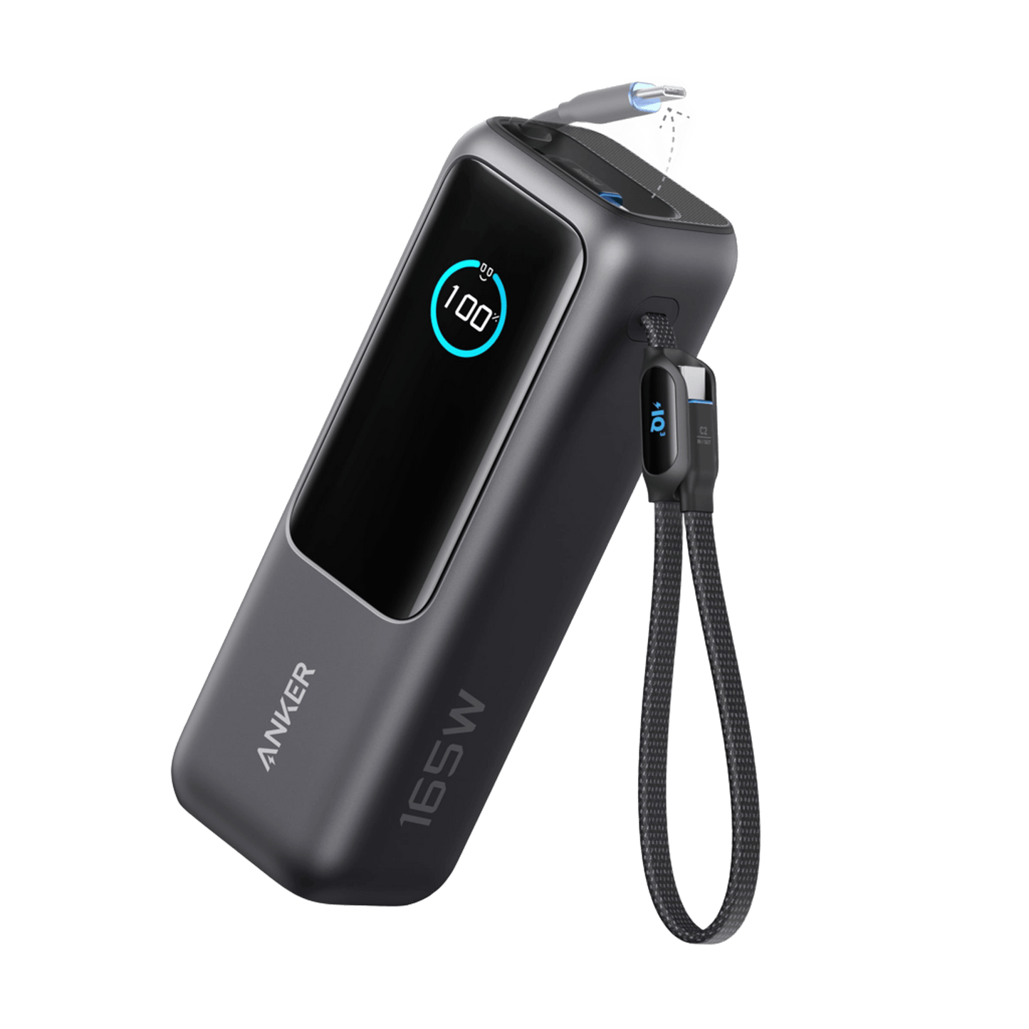 The Anker Laptop Power Bank (25K, 165W) in sleek black features a digital “100” display, side “165W” marking, wrist strap with a blue ON/OFF button, and comes with built-in and retractable cables including a 100W USB-C charger.