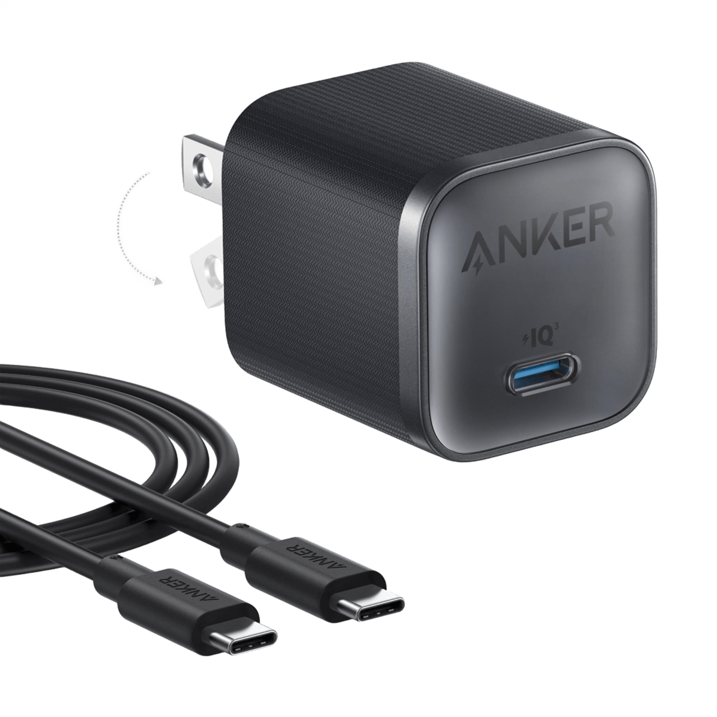 The Anker Nano Charger (45W) is shown in black with GaN technology, featuring a single USB-C port and foldable prongs. A coiled black USB-C to USB-C cable lies in the foreground, with the Anker logo on the charger's front.