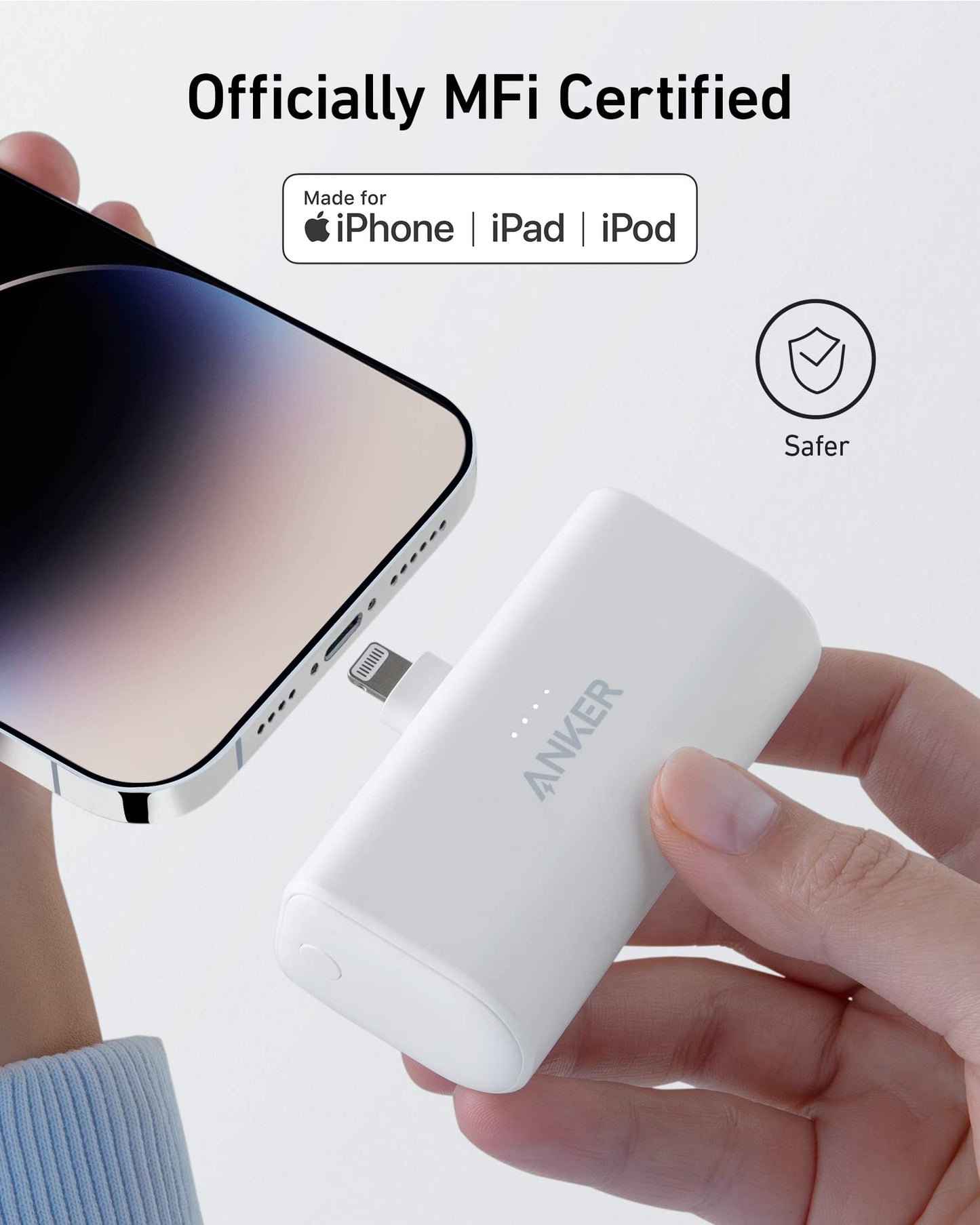 A hand plugs the Anker Nano Power Bank (12W, Built-In Lightning Connector) into an iPhone. The image highlights Officially MFi Certified and Safer badges, four LED lights, and compatibility with iPhone, iPad, and iPod.