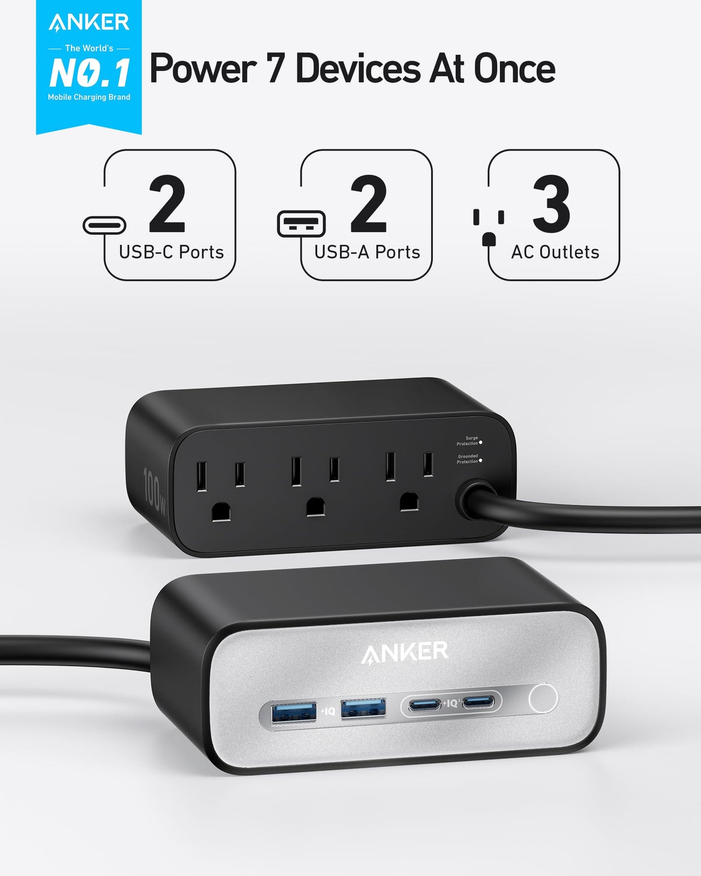 A black and silver Anker Charging Station (7-in-1, 100W) with three AC outlets, two USB-C ports, and two USB-A ports is shown. Text above reads “Power 7 Devices At Once.” Anker branding is visible.