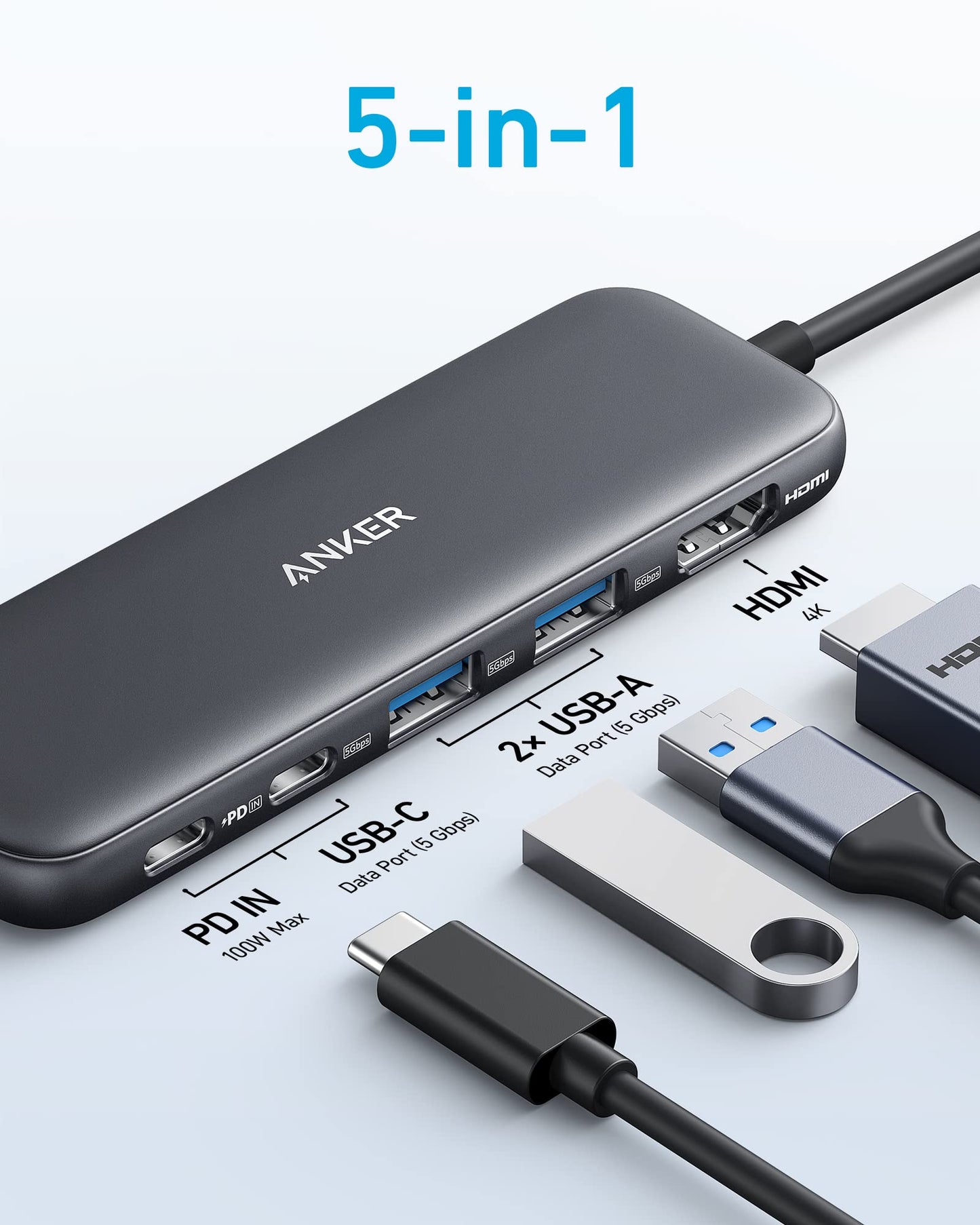 Enjoy versatile 5-in-1 connectivity with the refurbished Anker 332 USB-C Hub (5-in-1). This sleek black hub features labeled ports for 100W PD input, fast data transfer, and vivid 4K HDMI, with blue accents and standout “5-in-1” design.