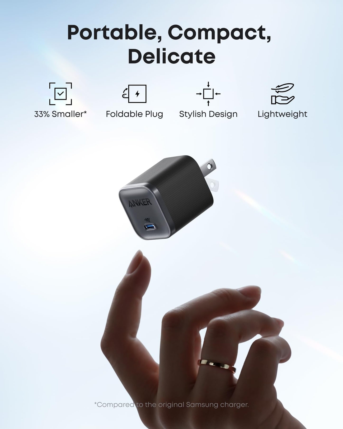 A hand holds the compact black Anker Nano Charger (45W) with USB-C to USB-C cable by Anker against a light blue background. Above, icons highlight: “33% Smaller,” “Foldable Plug,” “Stylish Design,” and “Lightweight GaN technology.”.