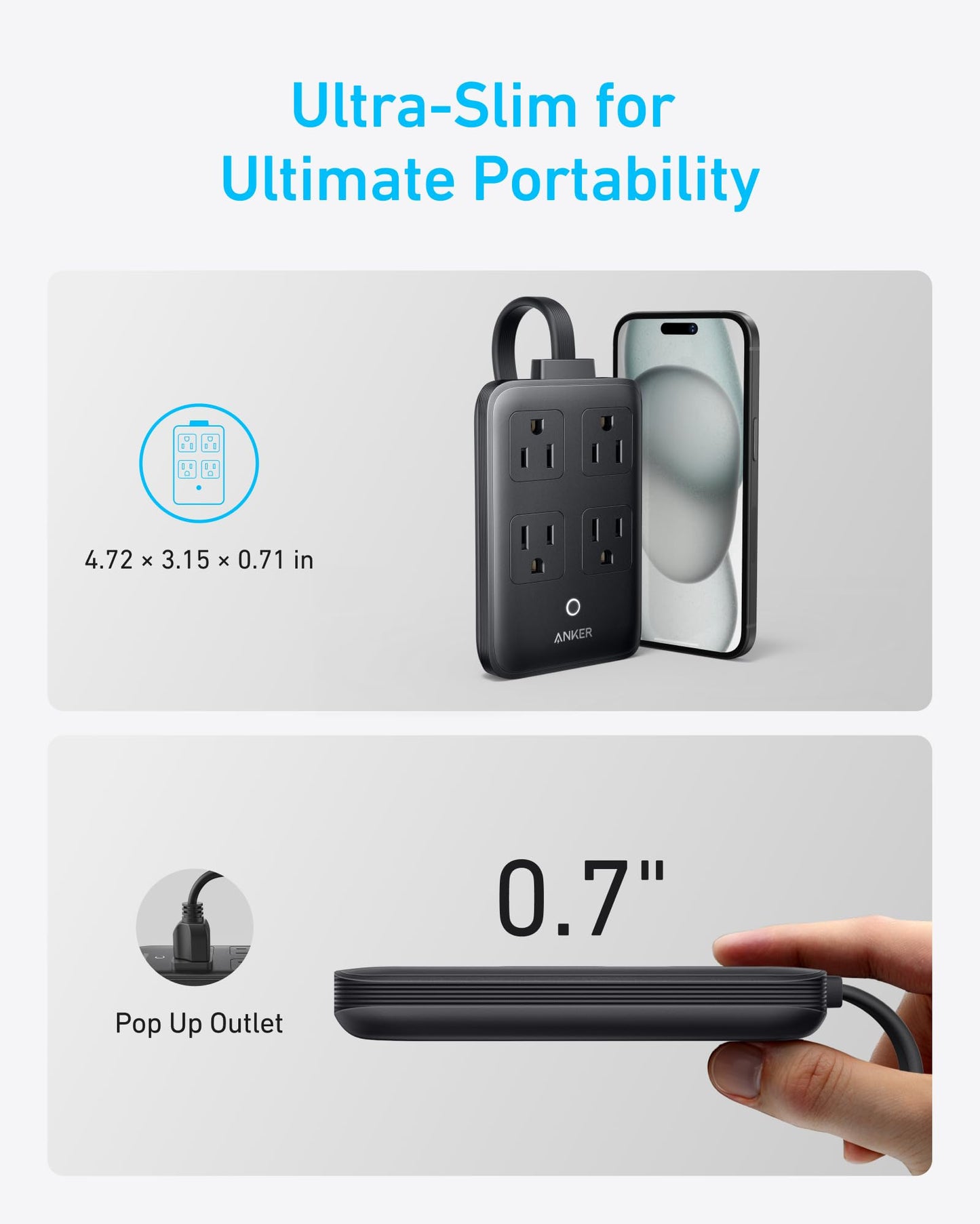 The slim black Anker Charging Station (8-in-1, 20W) stands beside a smartphone, showcasing its compact size (4.72 × 3.15 × 0.71 in). A hand holds it edge-on below, highlighting its 0.7-inch thickness and portable pop-up outlet design.