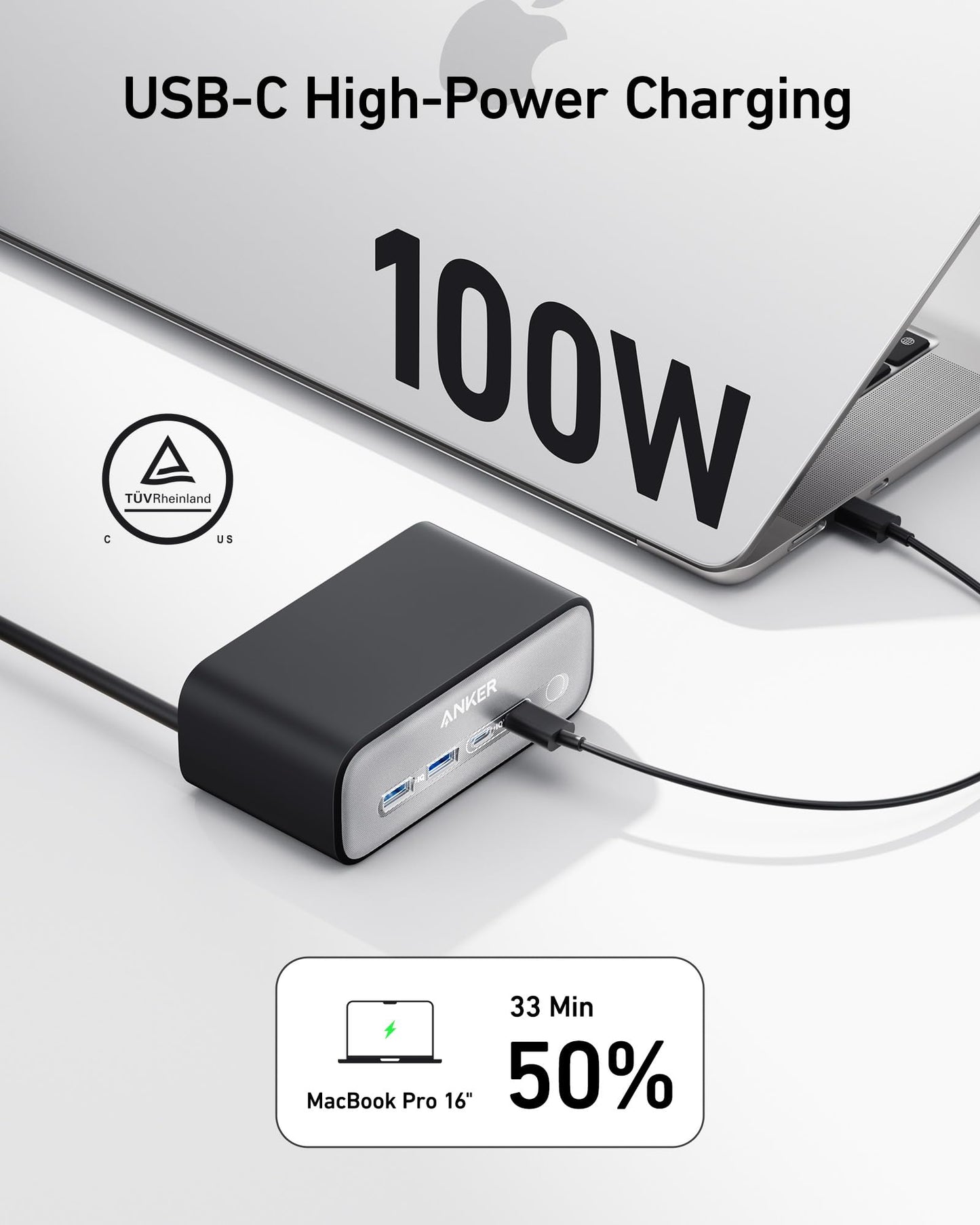 A silver MacBook Pro connects via USB-C to the black Anker Charging Station (7-in-1, 100W), showcasing “USB-C High-Power Charging,” TÜV Rheinland certification, and a “33 min, 50%, MacBook Pro 16” graphic.