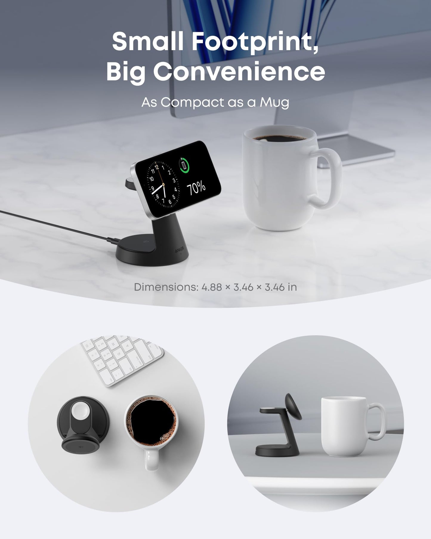 An Anker MagGo Wireless Charging Station (3-in-1, Dock Stand) rests beside a white mug on a white desk. The phone shows 70% battery and the time. Circular images highlight the similar compact sizes of the charging stand and mug from above and side views.