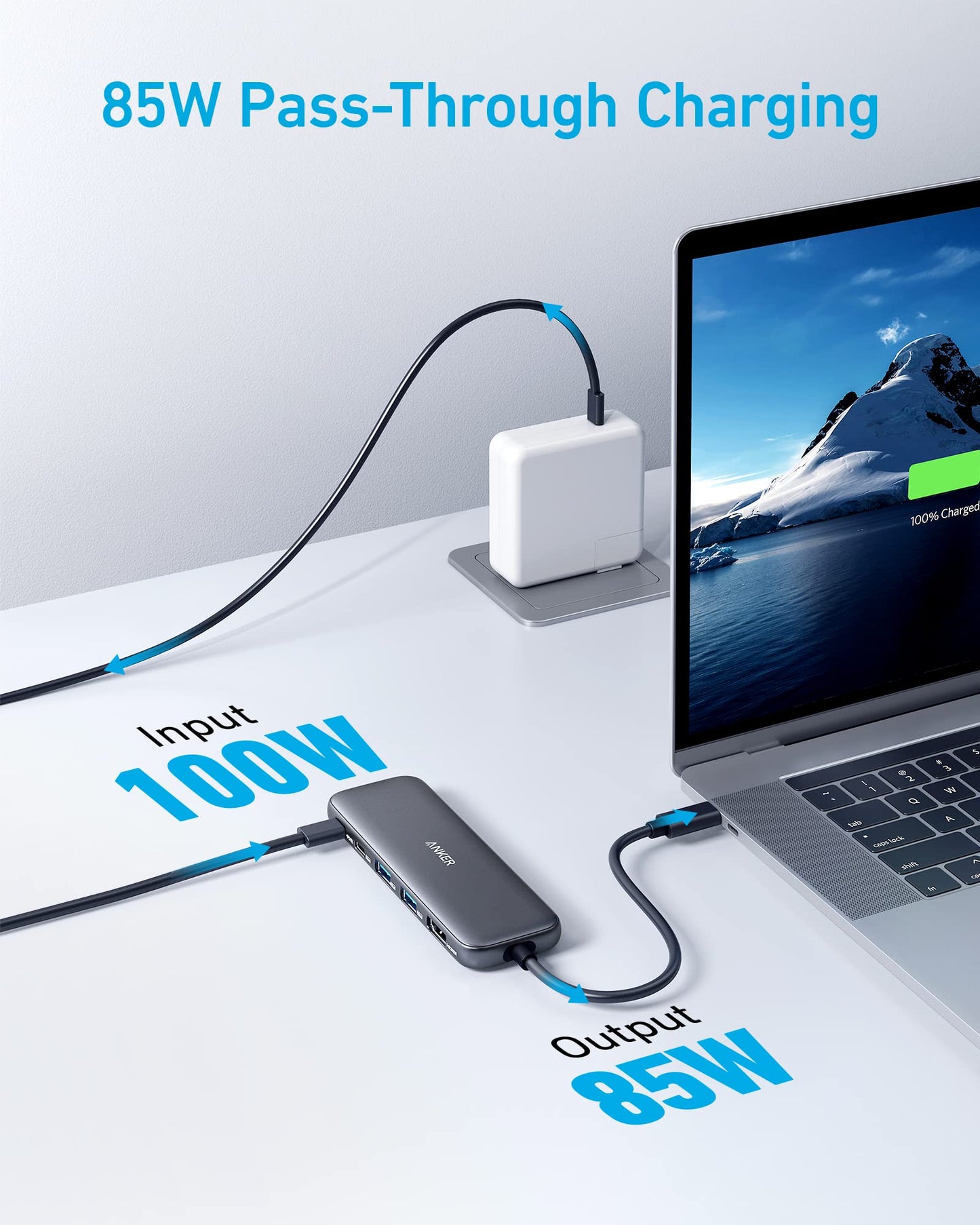 A Refurbished Anker 332 USB-C Hub (5-in-1) powers a laptop with 85W pass-through charging. The screen shows a mountain landscape and full battery, highlighting the hub’s 5-in-1 connectivity.