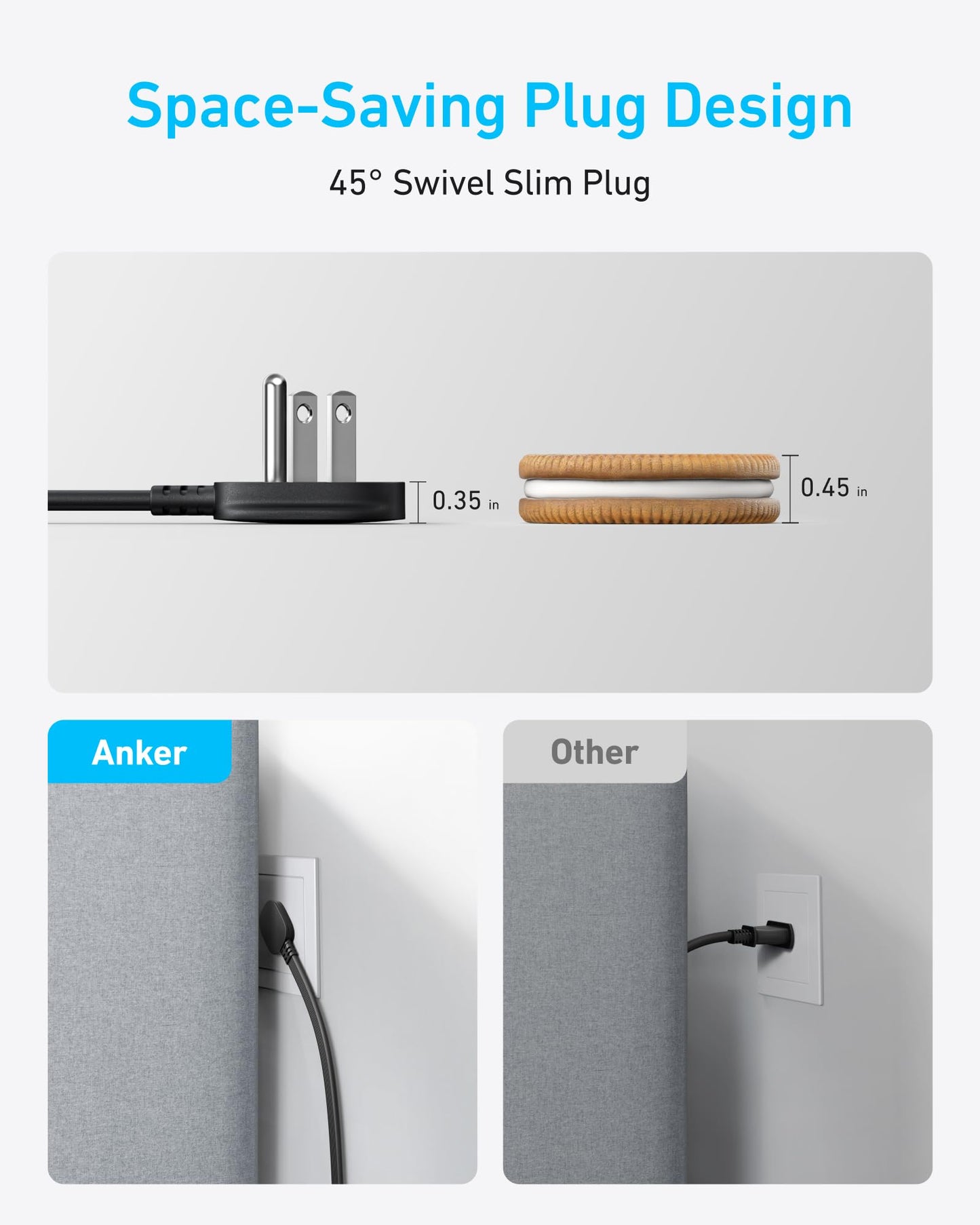 Top: Side view of the slim black Anker Charging Station (8-in-1, 20W) beside two stacked cookies, comparing thickness (0.35 in vs. 0.45 in). Bottom left: Anker fits behind a couch; bottom right: regular plug pushes couch away from wall.